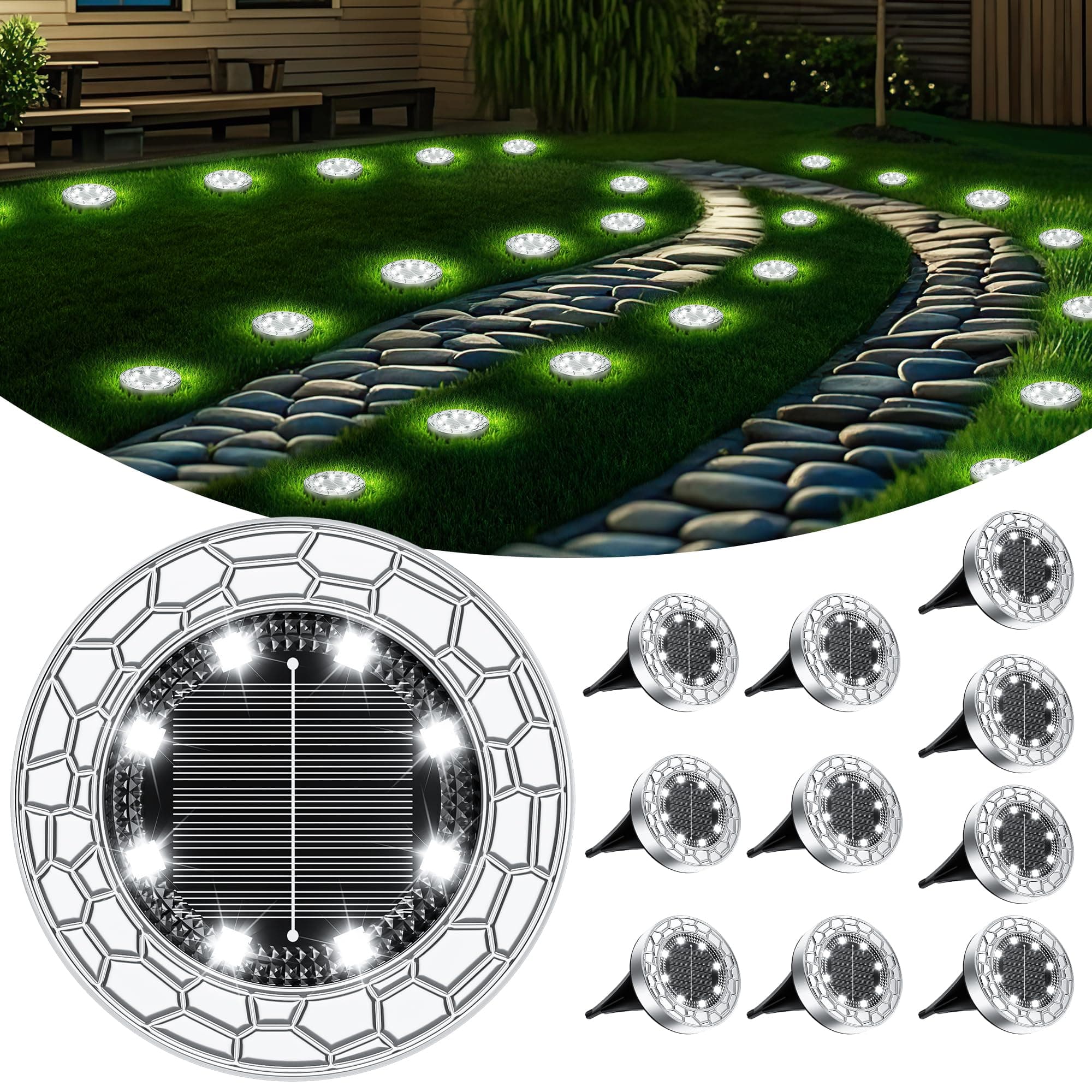 FIFlying 10 pezzi Luci Solari da Giardino, 8 LED Lampade Solare da Terra, Acciaio Inossidabile Bianco Freddo Faretti Sepolta Solari a Led da Esterno, per Prato, Vialetto, Marciapiede, Patio