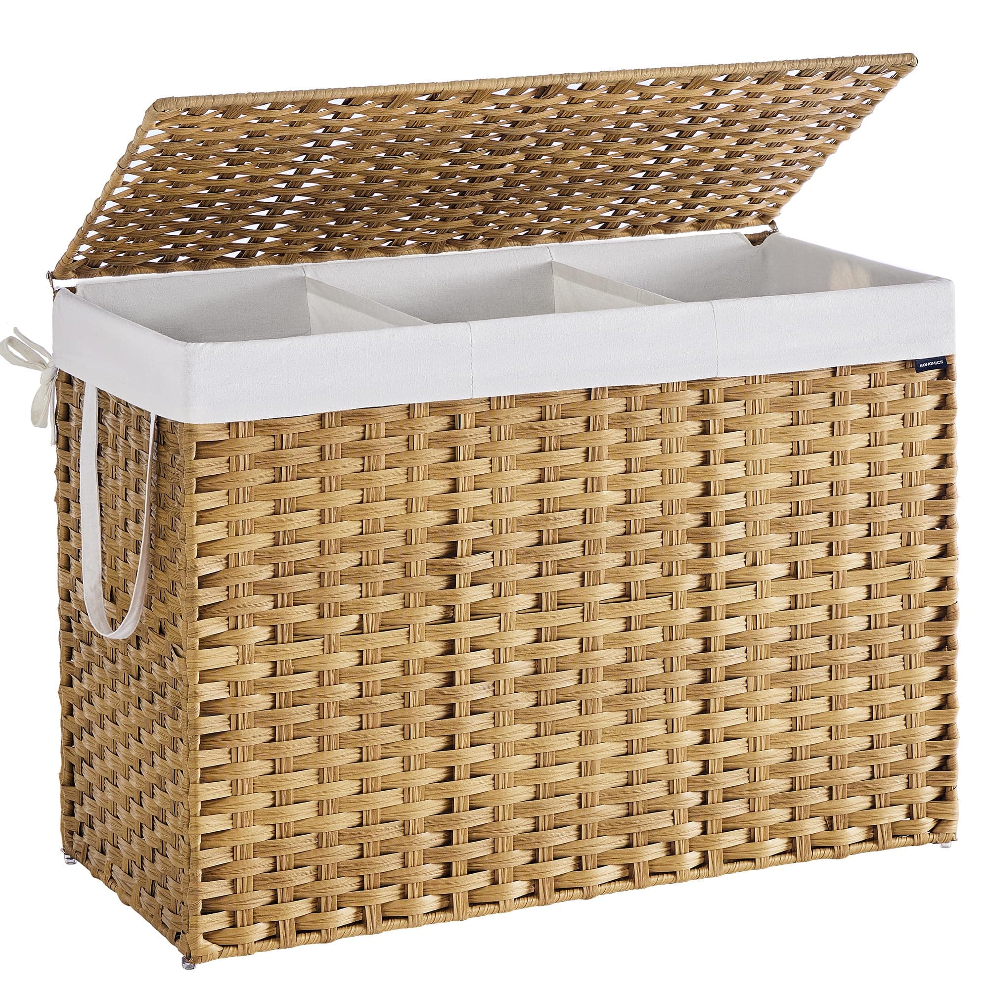 SONGMICS Wäschekorb 3 Fächern, Wäschesammler 200 L, Wäschebox aus synthetischem Rattan, mit Deckel und Griffen, geflochten, faltbar, herausnehmbarer Wäschesack, naturfarben LCB320Y01