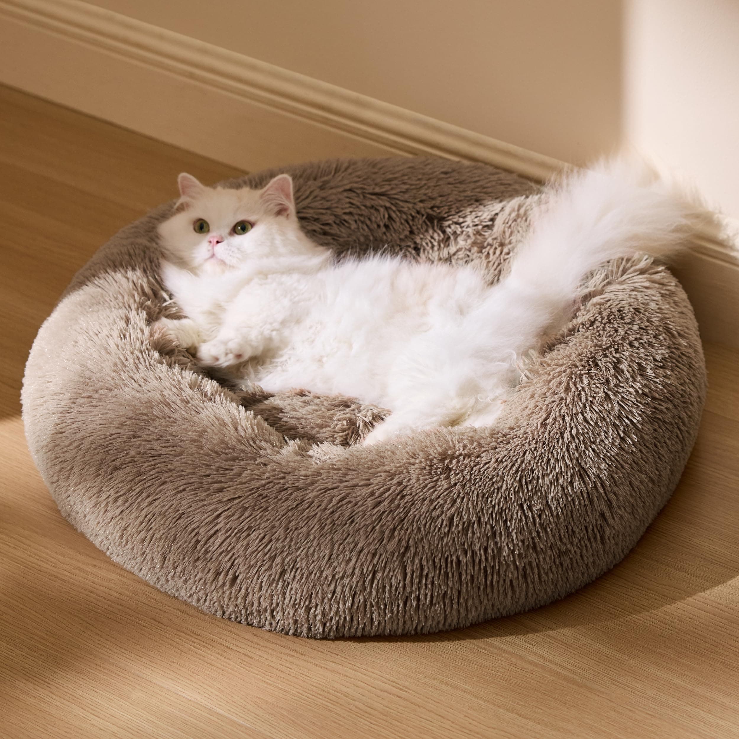 BEDSURE Katzenbett waschbar Flauschiges Hundebett - Ø 50 cm Rund Kissen, Katzenschlafplatz für Katzen Kleine Mittelgroße Hunde, Plüsch Katzenkissen Rund Kuschelbett Katzen Bettchen, Kamel