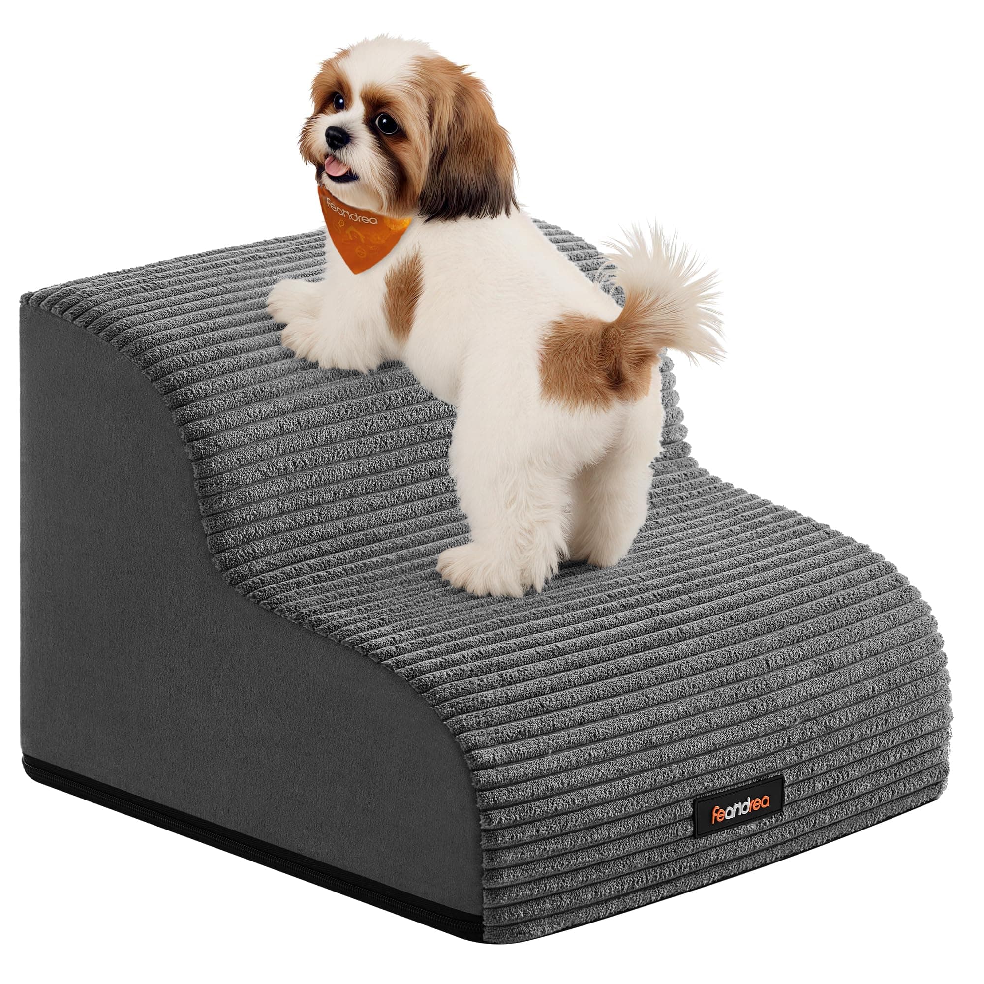 Feandrea Hundetreppe, 2 Stufen, Cord mit Querstreifen, Haustiertreppe, für Bett, Sofa, wasserdicht, rutschfest, geringe Neigung, Abnehmbarer waschbarer Bezug, Griff, schiefergrau PPS002GN01