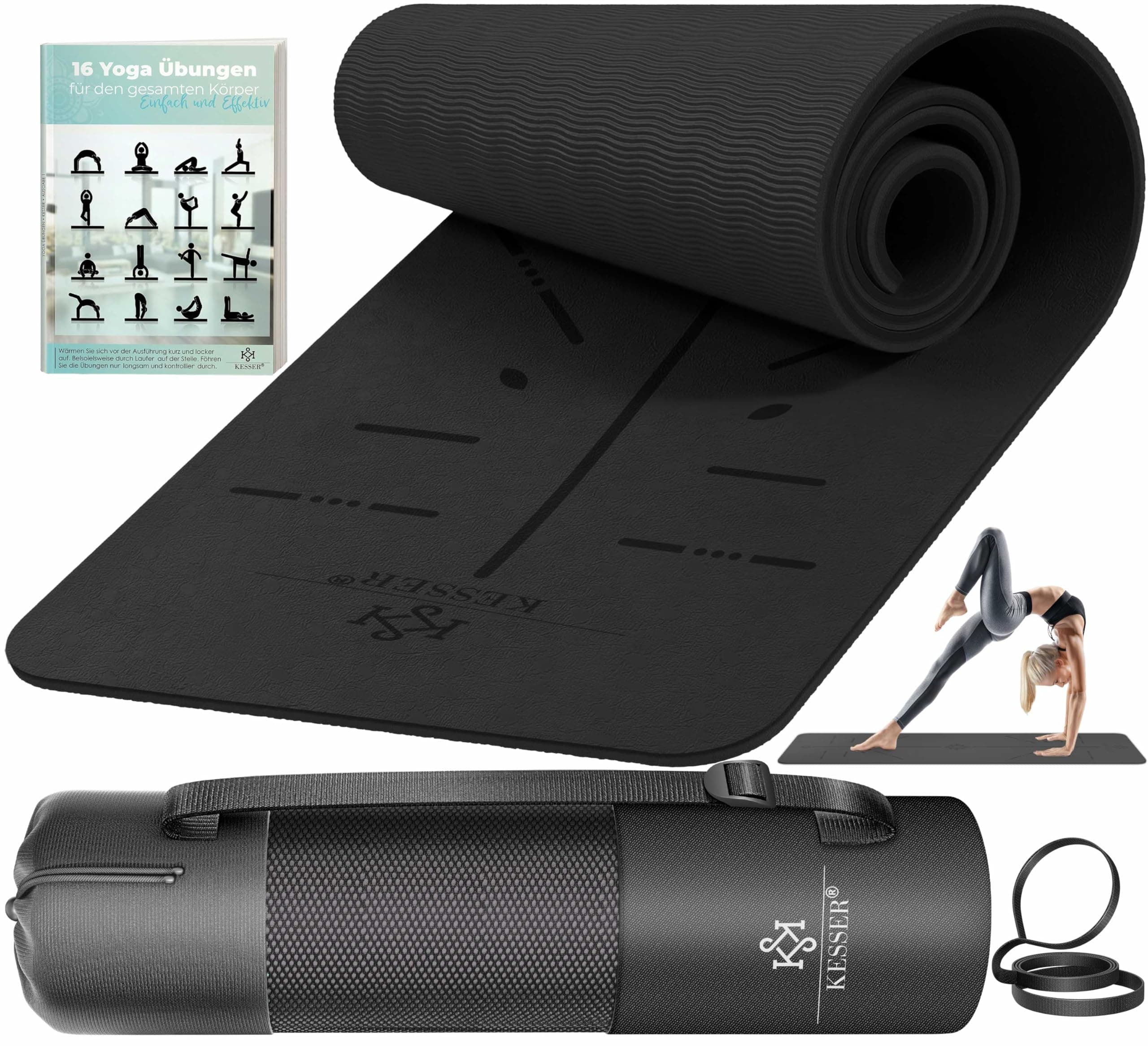 KESSER® Gymnastikmatte mit Tragegurt rutschfest TPE Yogamatte Gepolstert & rutschfest Fitnessmatte, 183 x 61 Trainingsmatte für Fitness Sportmatte, Pilates & Gymnastik Workout