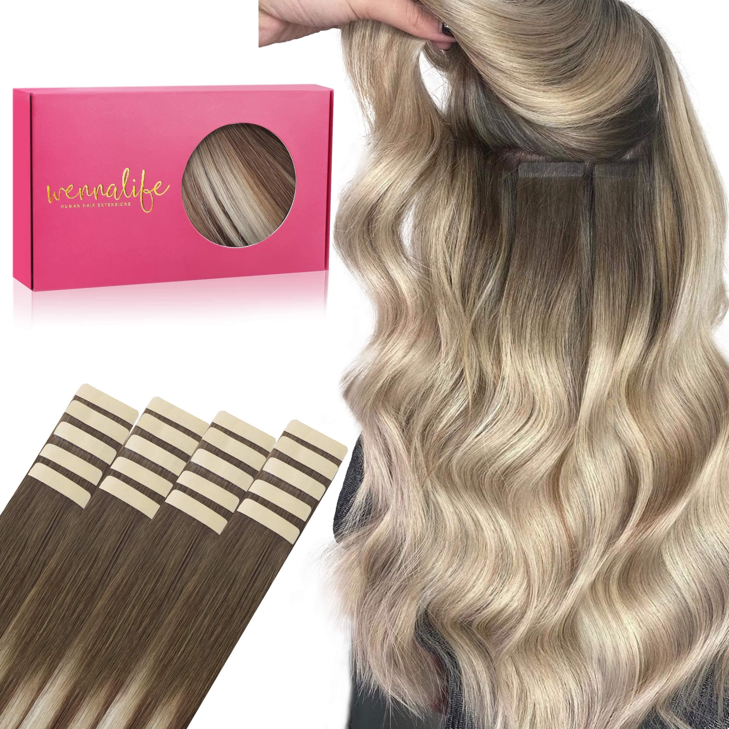 WENNALIFE Extension Capelli Veri Biadesivo, 20pz 25cm 30g dal Castano Sabbia al Biondo Platino Extension Biadesive Capelli Veri Lisci Remy Tape in Hair Extensions Capelli Setosi