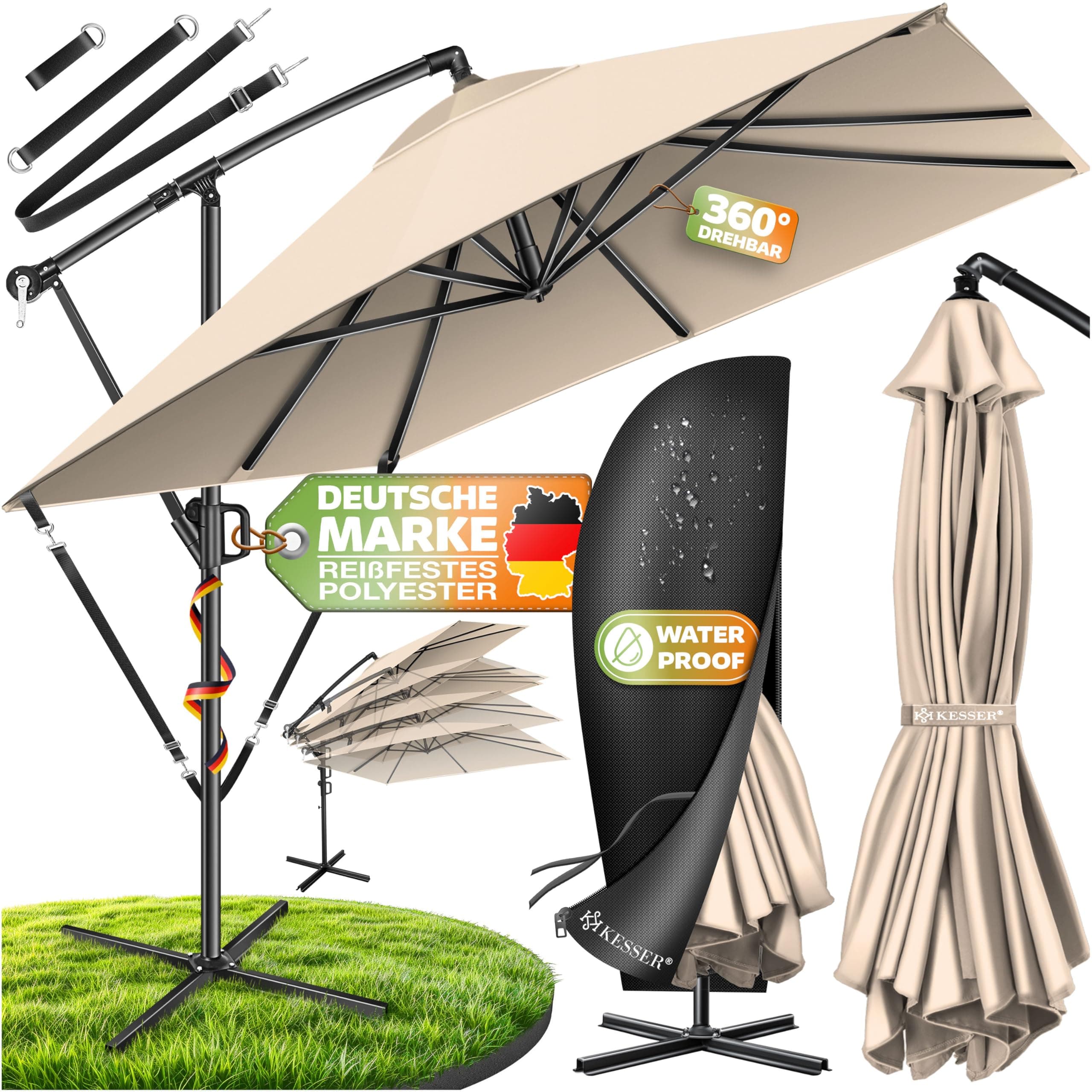 KESSER® Sonnenschirm 250x250cm, Kurbelschirm, Sonnenschirm Balkon, Garten, Sonnenschutz, Gestell & Ständer aus Alu + Kurbel, UV-Schutz, wasserdicht + Windfest, 360° Funktion + Schutzhülle, Beige