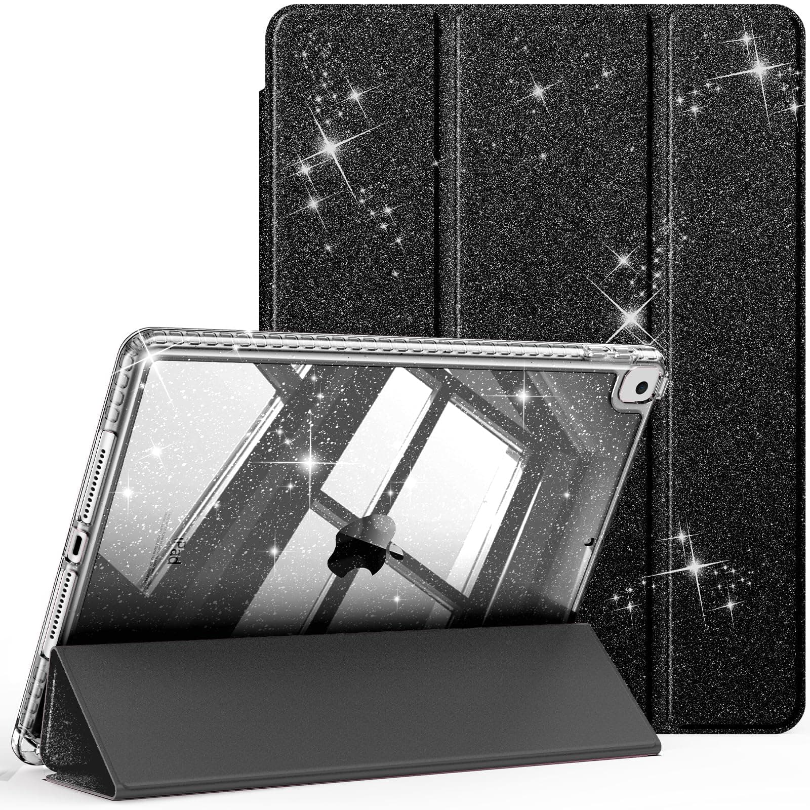 Fintie Glitzer Hülle für iPad 10.2 Zoll 9/8/7 Generation Case (2021/2020/2019 Modell)‌ – Transparente Glitzer-Schutzhülle mit Stifthalter, Stoßfest Glänzender Rückseite & Auto Sleep/Wake, Schwarz