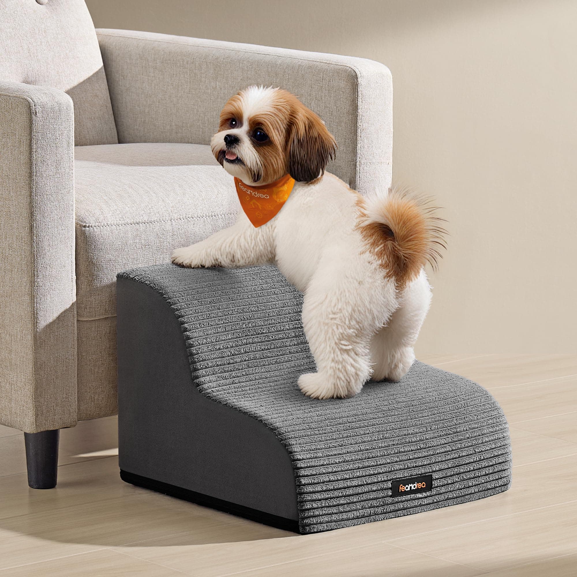Feandrea Escalera para Perros de 2 Peldaños, Terciopelo Acanalado, para Cama, Sofá, Impermeable con Diseño Antideslizante, Pendiente Suave, Cubierta Lavable Extraíble, Asa, Gris Pizarra PPS002GN01