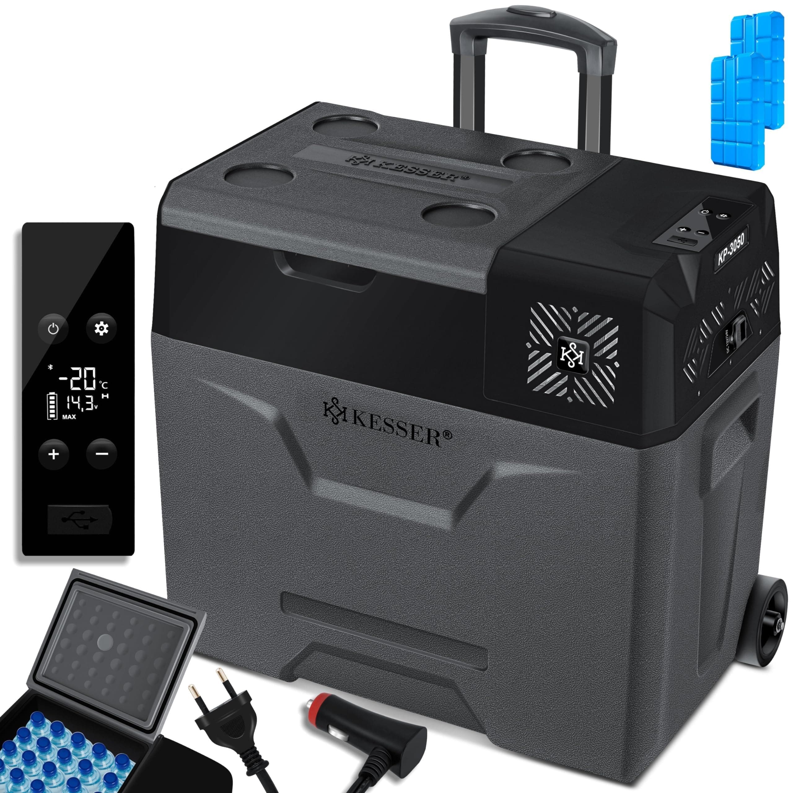 KESSER® Kompressor Kühlbox auto elektrisch 50L, Camping Kühlbox 12/24/230V mit APP-Steuerung, Gefrierbox bis –20 °C, Kühlbox mit Rädern & Teleskopgriff für Camping, Wohnmobil, LKW & Boot + 2 Kühlakkus