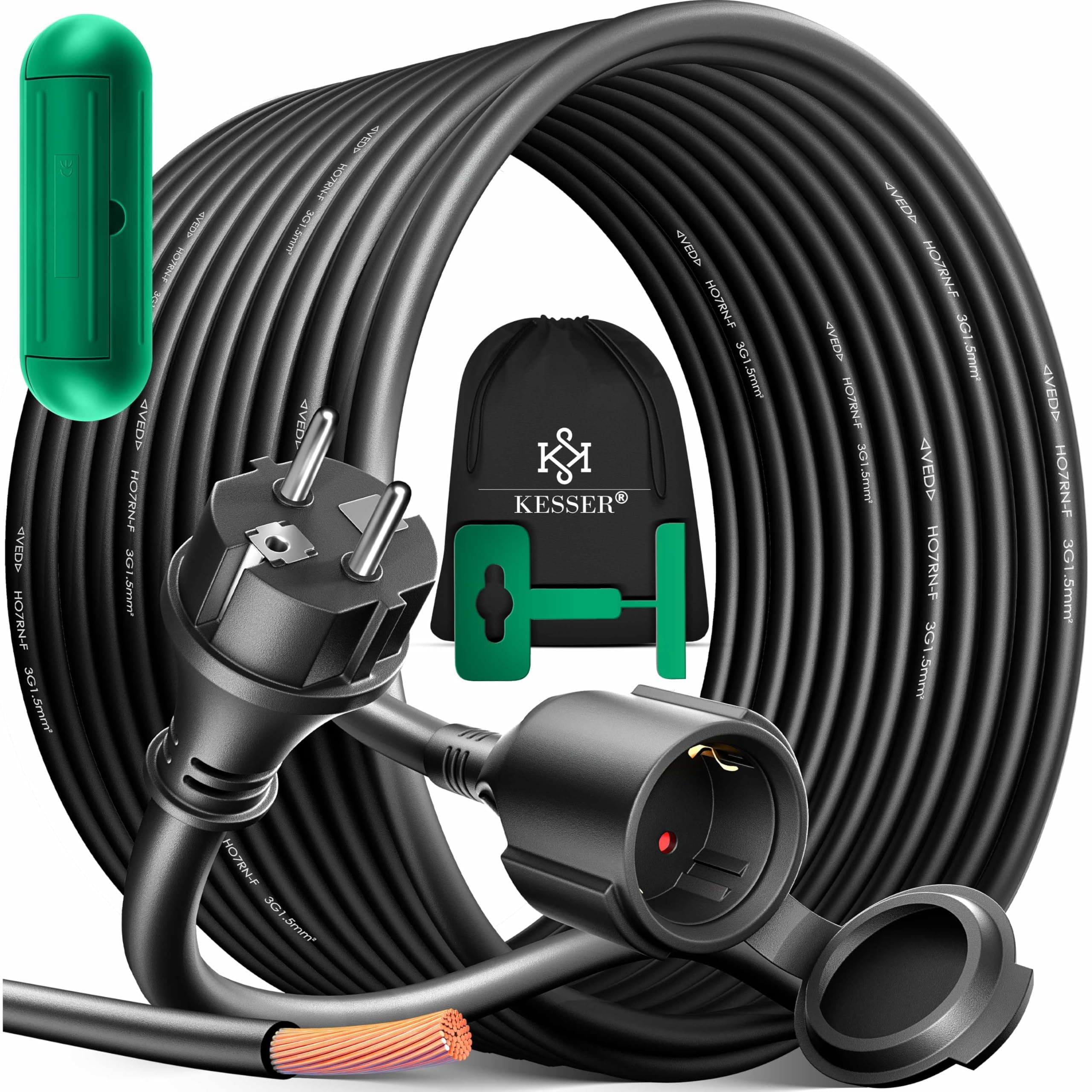 KESSER® Verlängerungskabel 15m mit Schutzkappe Outdoor - für Innenbereich Außenbereich - Verlängerung Stromkabel – 230 V IP44 - mit Schuko Stecker - Schutzkontakt Baustellenkabel Schutzkontaktstecker