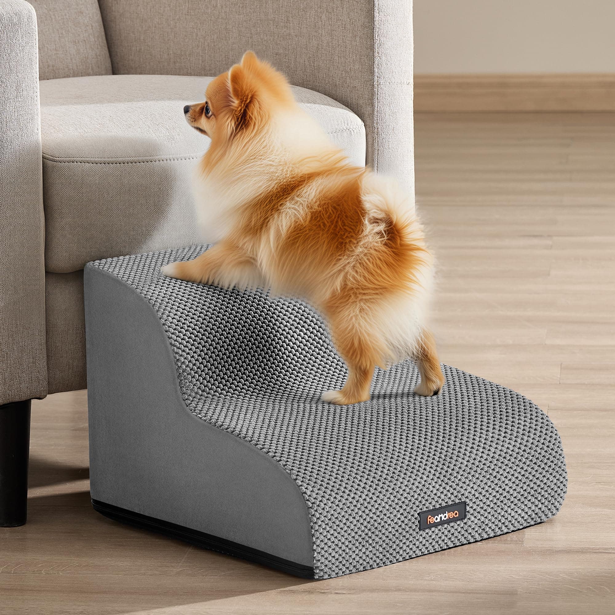 Feandrea Hundetreppe, 2 Stufen, Waffelcord, Haustiertreppe, für Bett, Sofa, wasserdicht, rutschfest, geringe Neigung, Abnehmbarer waschbarer Bezug, Griff, Taubengrau PPS012GD01