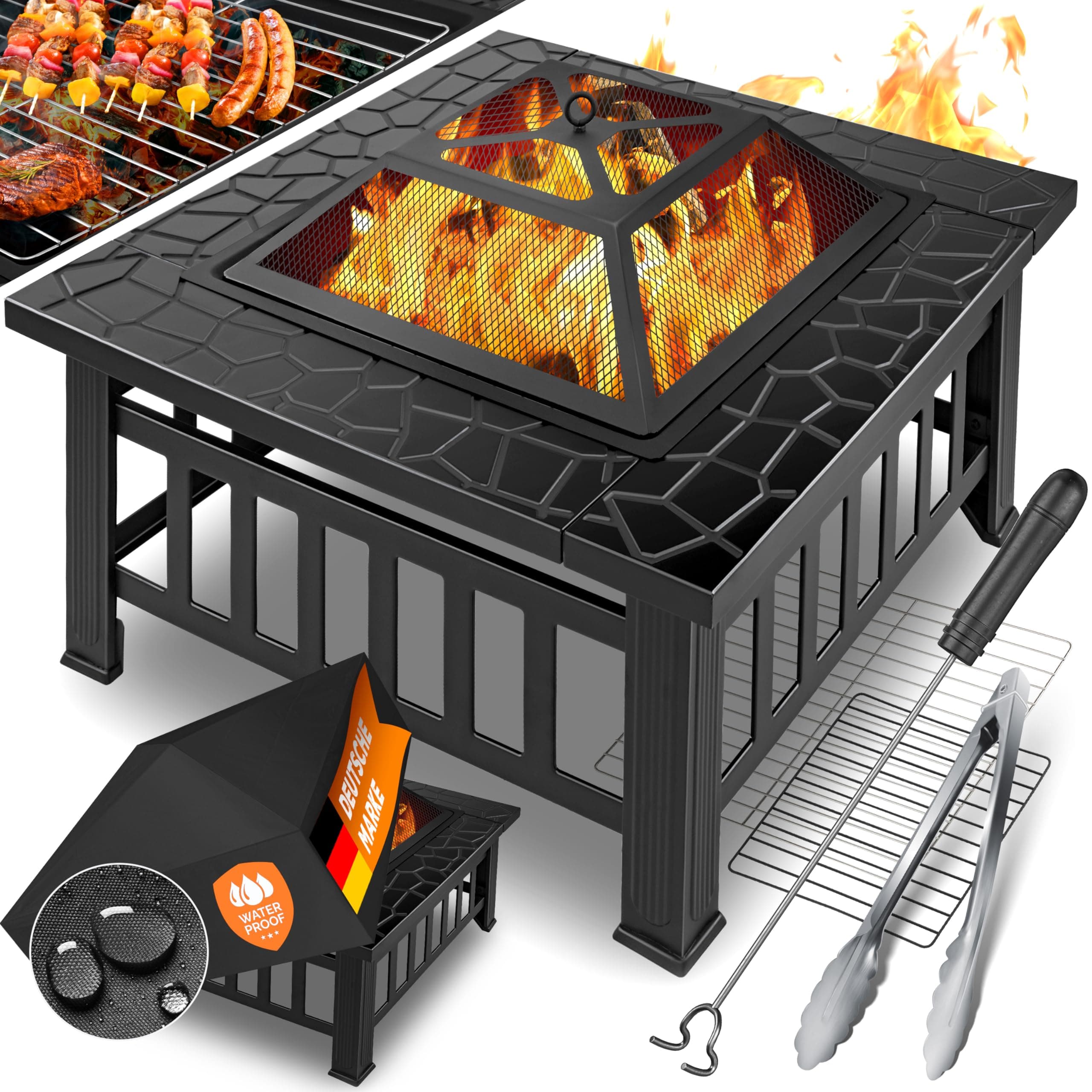 KESSER® Feuerstelle mit Grillrost & Grillzange Feuerschale 82x82x50cm, 3in1 Multifunktional Fire Pit für Heizung/BBQ Grill, Garten Terrasse, Metall Feuerkorb mit Schutzhülle Schürhaken Funkenschutz