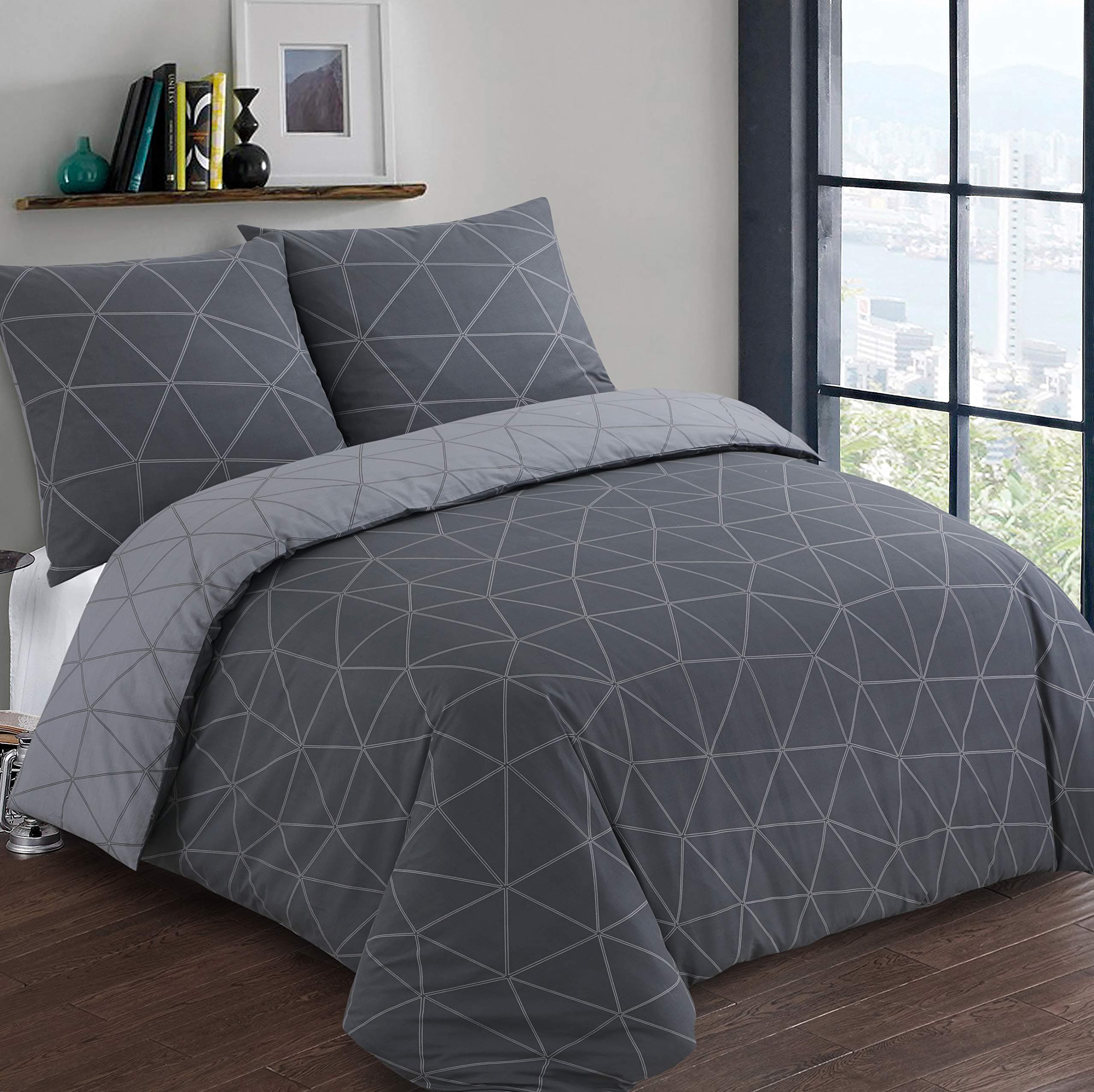 Vision - Parure de lit Réversible 100% Coton - Hugo Anthracite/Gris - Set de Housse de Couette 260x240 cm avec 2 taies d'oreiller pour lit Kingsize 2 Personnes - Fibres Naturelles - Oekotex