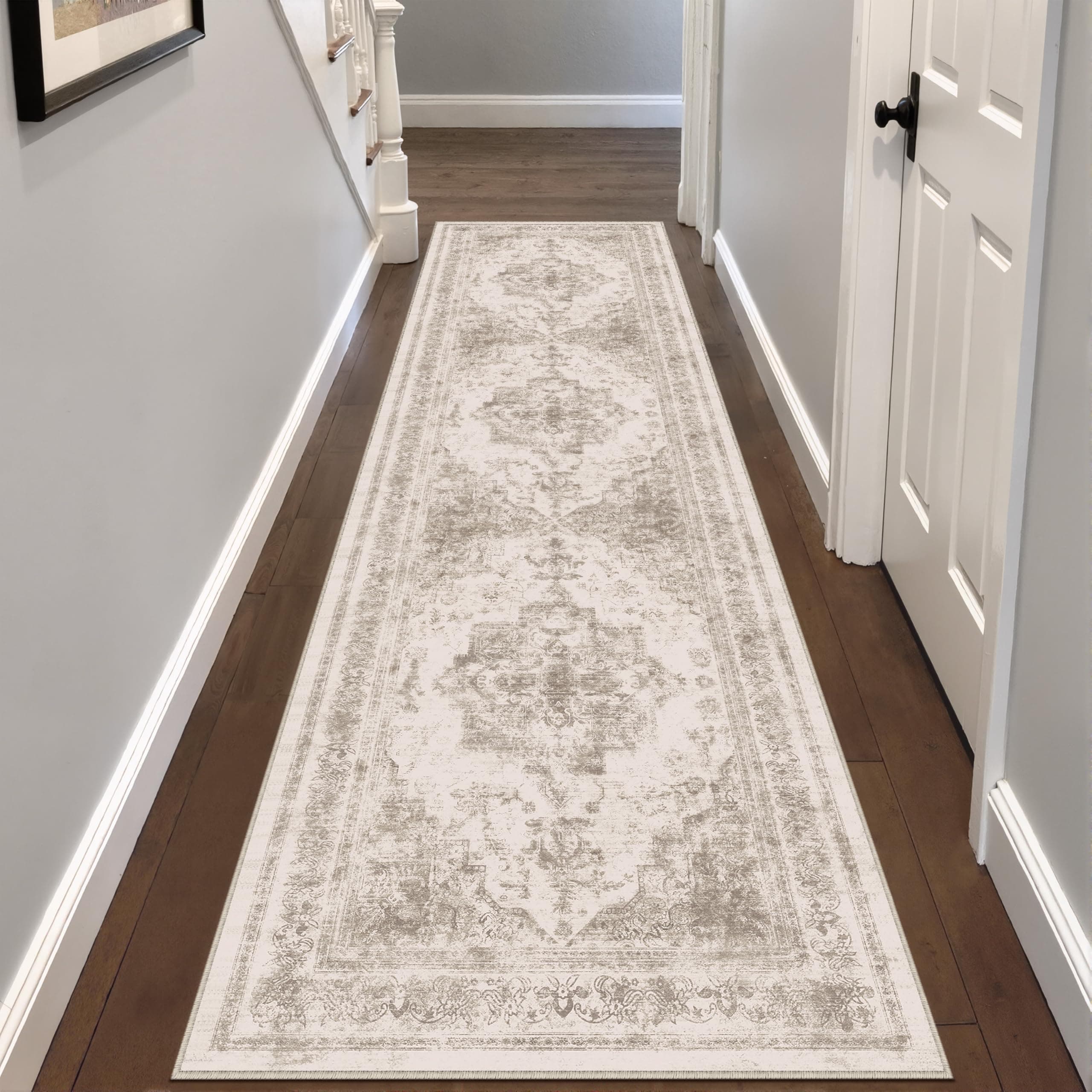 HUGEAR Vintage Passatoia Tappeto Corridoio Beige Tappeti 60x240cm Cucina Antiscivolo Lavabile in Lavatrice Tapette Camera da Letto Scendiletto Cameretta Ufficio Pelo Corto Lungo Carpet