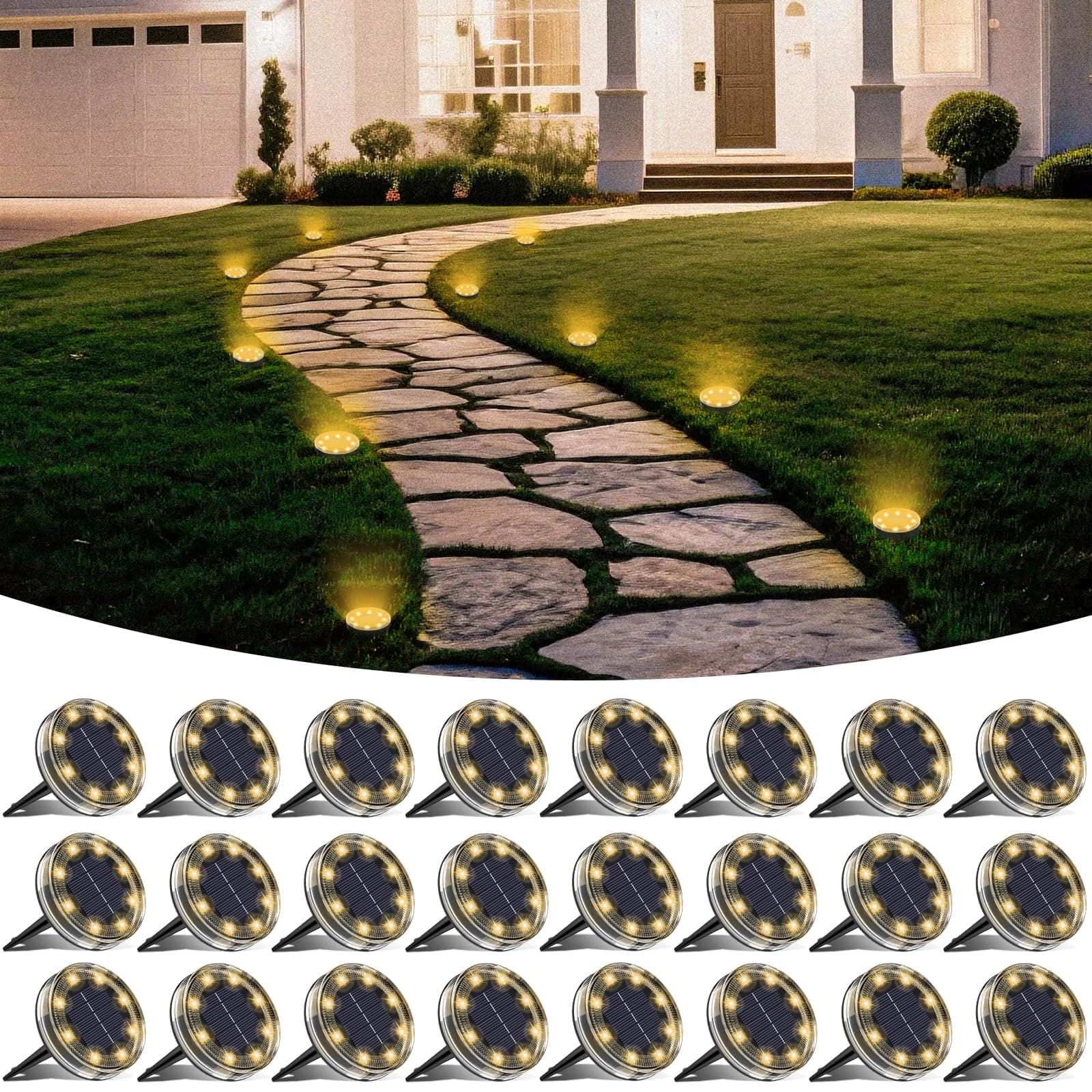 LOTMOS Lot de 24 Lampe Solaire Au Sol, 8 LED Lumiere Solaire Exterieur Jardin IP68 Étanche, Spot Solaire Extérieur pour Chemins Pelouse Terrasse Allée Cour Piscine Passerelle, Blanc Chaud