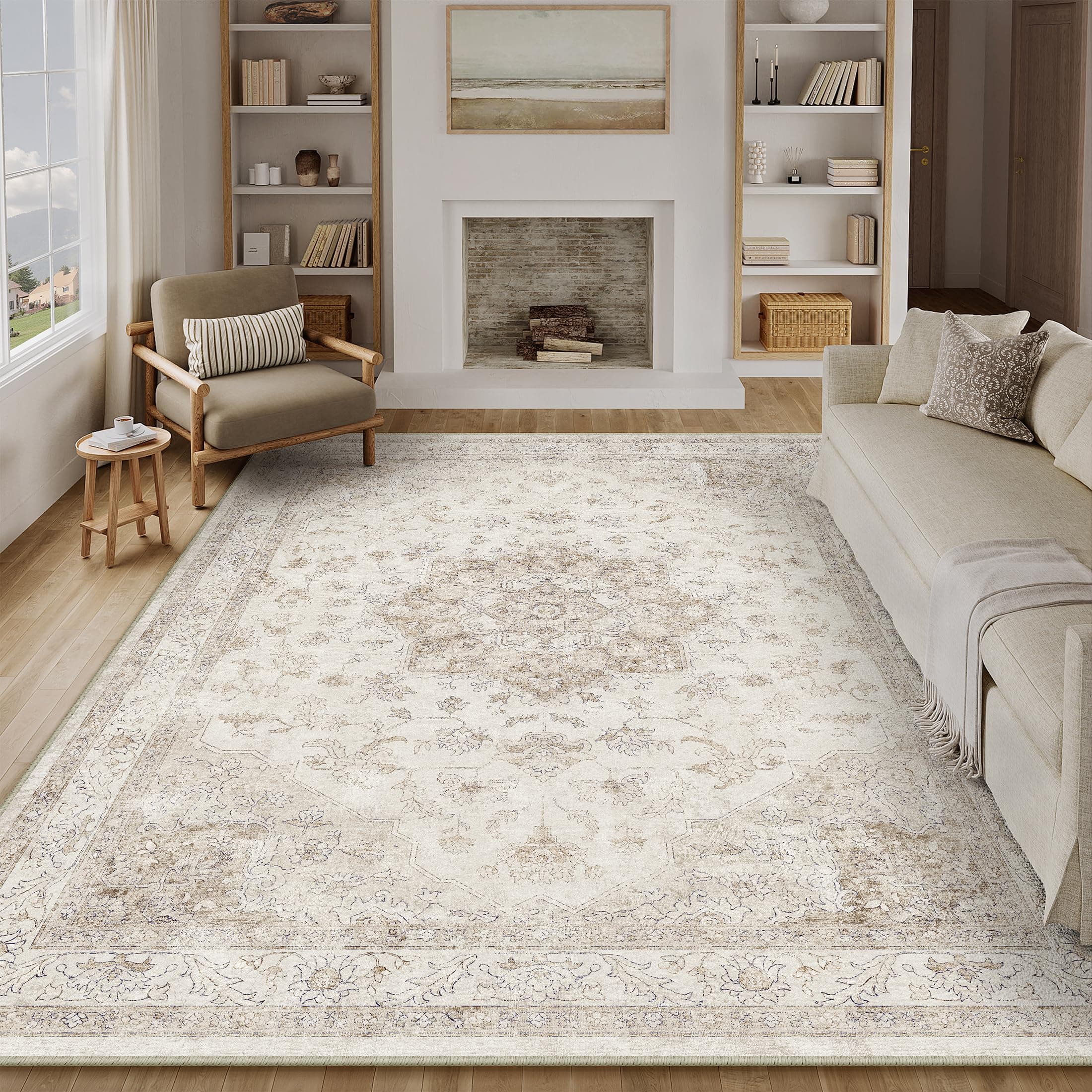 PureCozy Vintage Tappeto Salotto 200x300cm Beige Camera da Letto Antiscivolo Lavabile Tappeti Sala Soggiorno Cameretta Ufficio Grande Carpet Pelo Corto Morbido Rug