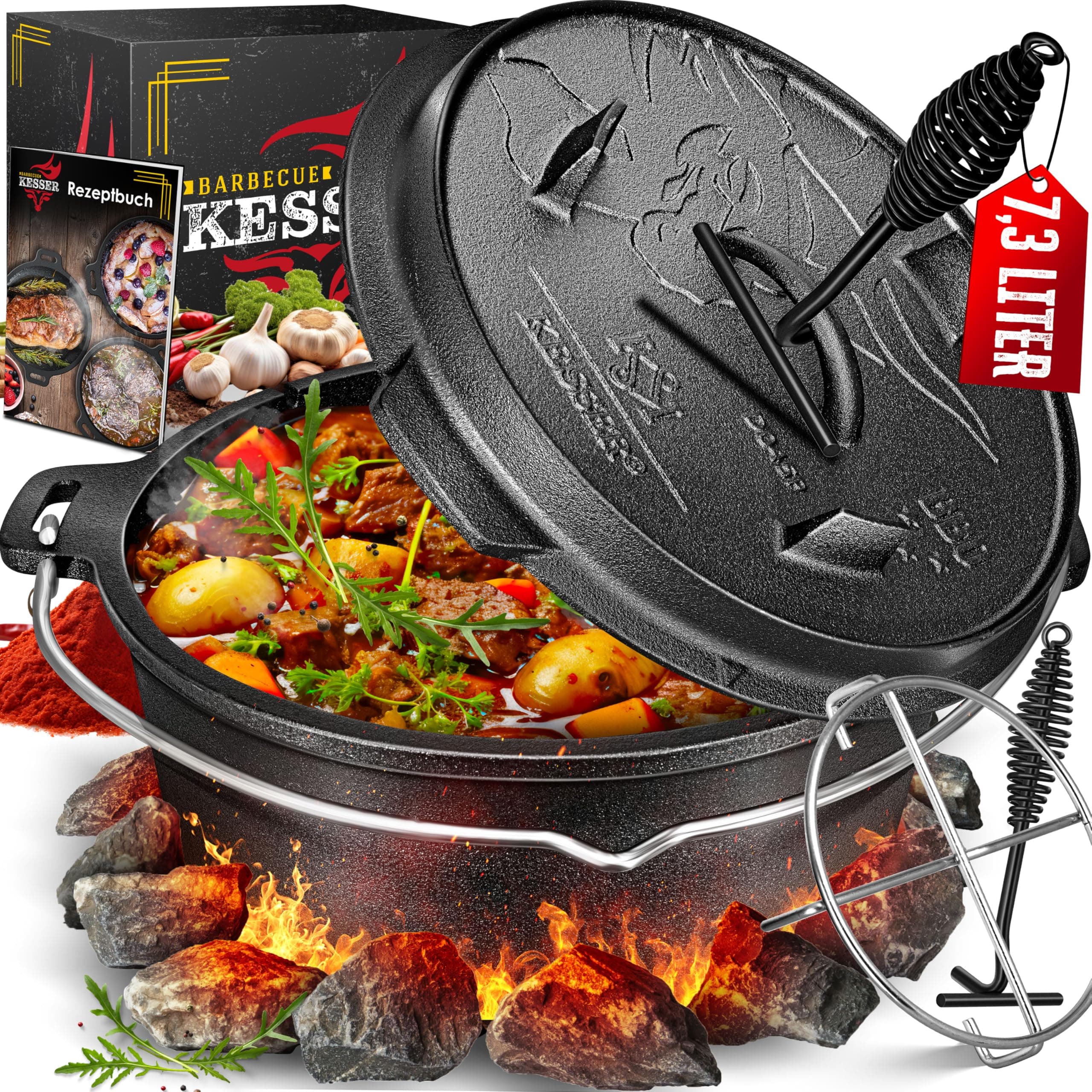 KESSER® Dutch Oven Set BBQ 7,3 Liter, Feuertopf Schmortopf mit Edelstahluntersetzer, Gusseisen Topf mit Deckelheber Henkel und Schlitz für Themormeter, kochkessel Grilltopf für Oudoor & Indoor