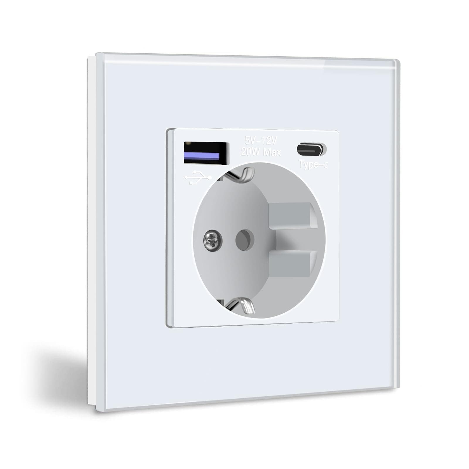 BSEED Enchufe de Pared con USB C 20W, Blanco Schuko Enchufe con Cargador Rápido USB Tipo C, 1 Gang Toma de Corriente con 2xCargadores USB y Typ C, Enchufe Integrado Adecuado