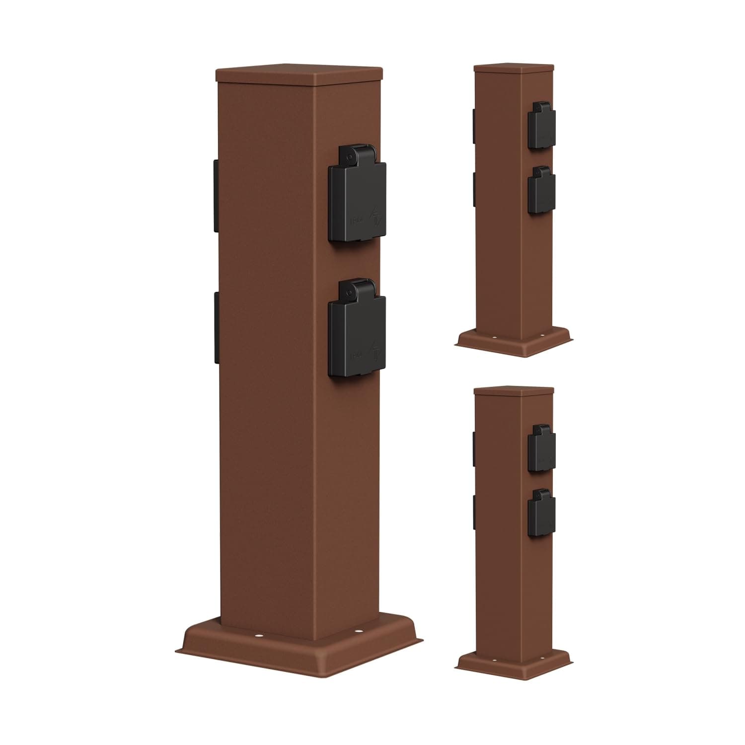 ledscom.de 3 Stück Garten Steckdosensäule Polly für außen, IP44, 4-Fach, Edelstahl, braun, eckig, 40 cm