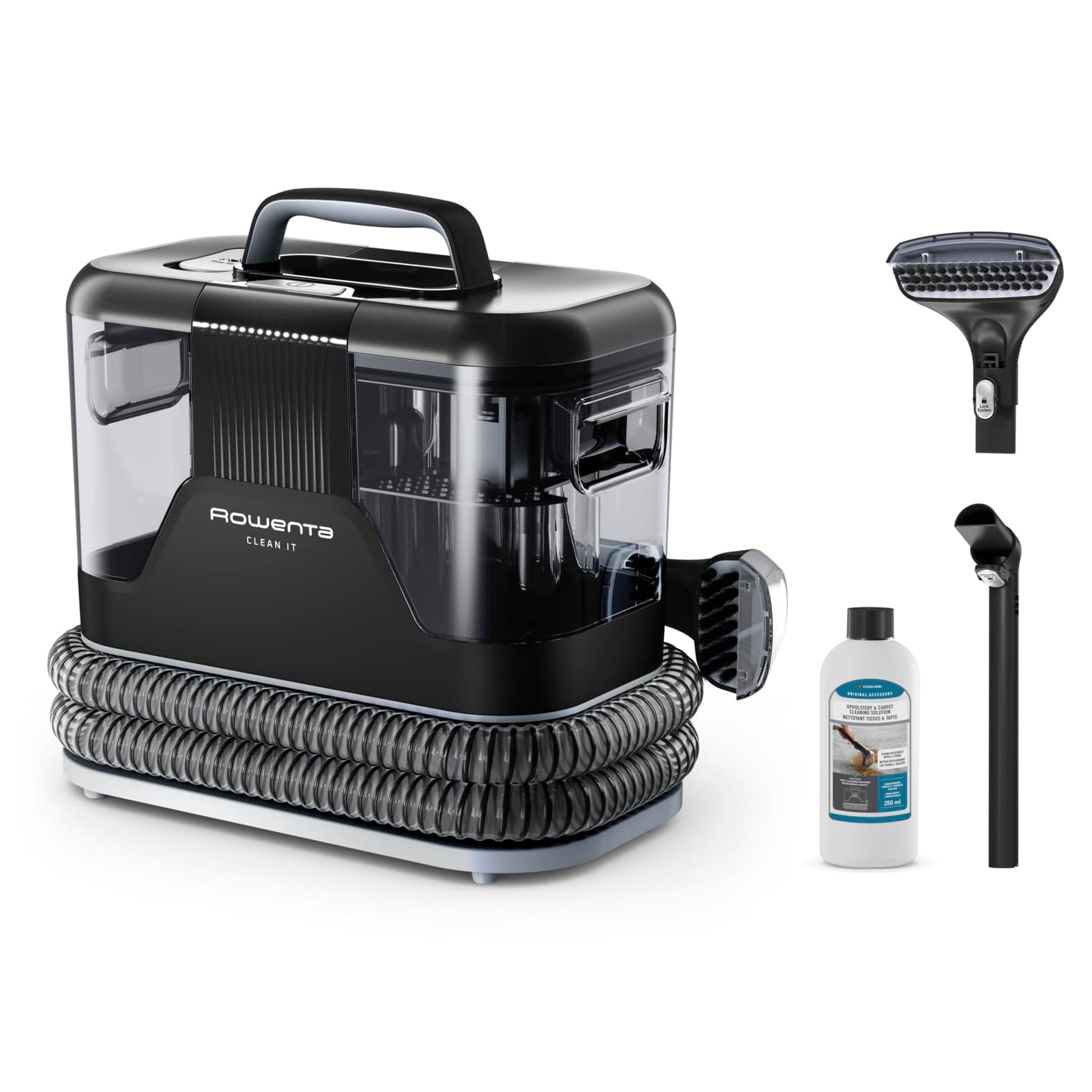 Rowenta Clean It Fleckenreiniger, tragbarer Teppichreiniger, schnelle und einfache Reinigung, abnehmbarer 1.8-Liter-Tank, wechselbare Reinigungsköpfe, 400 Watt, Grau, Schwarz, IN5010F0