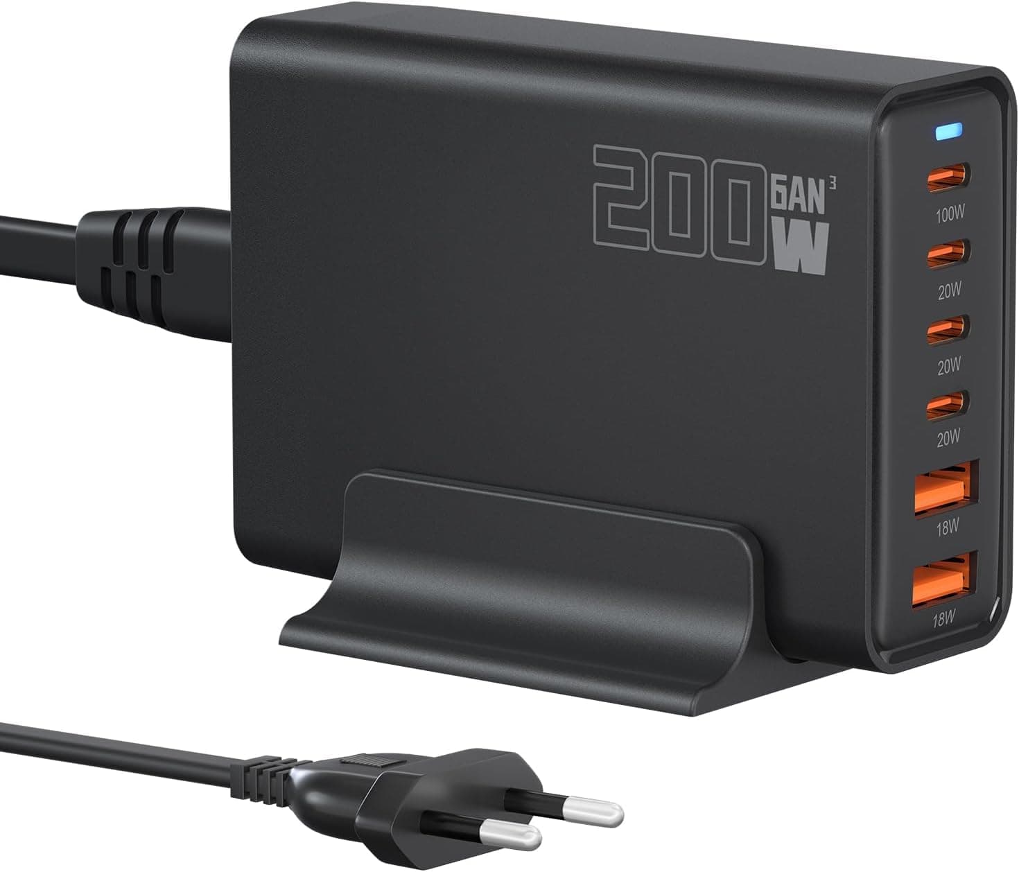Chargeur USB C 200W, Chargeur Rapide PD 100W, Station de Charge à 6 Ports Chargeur GaN-III, Compatible avec MacBook Pro/Air, Dell XPS, iPhone 15/16/14/Pro, Samsung, Xiaomi, iPads, Steam Deck