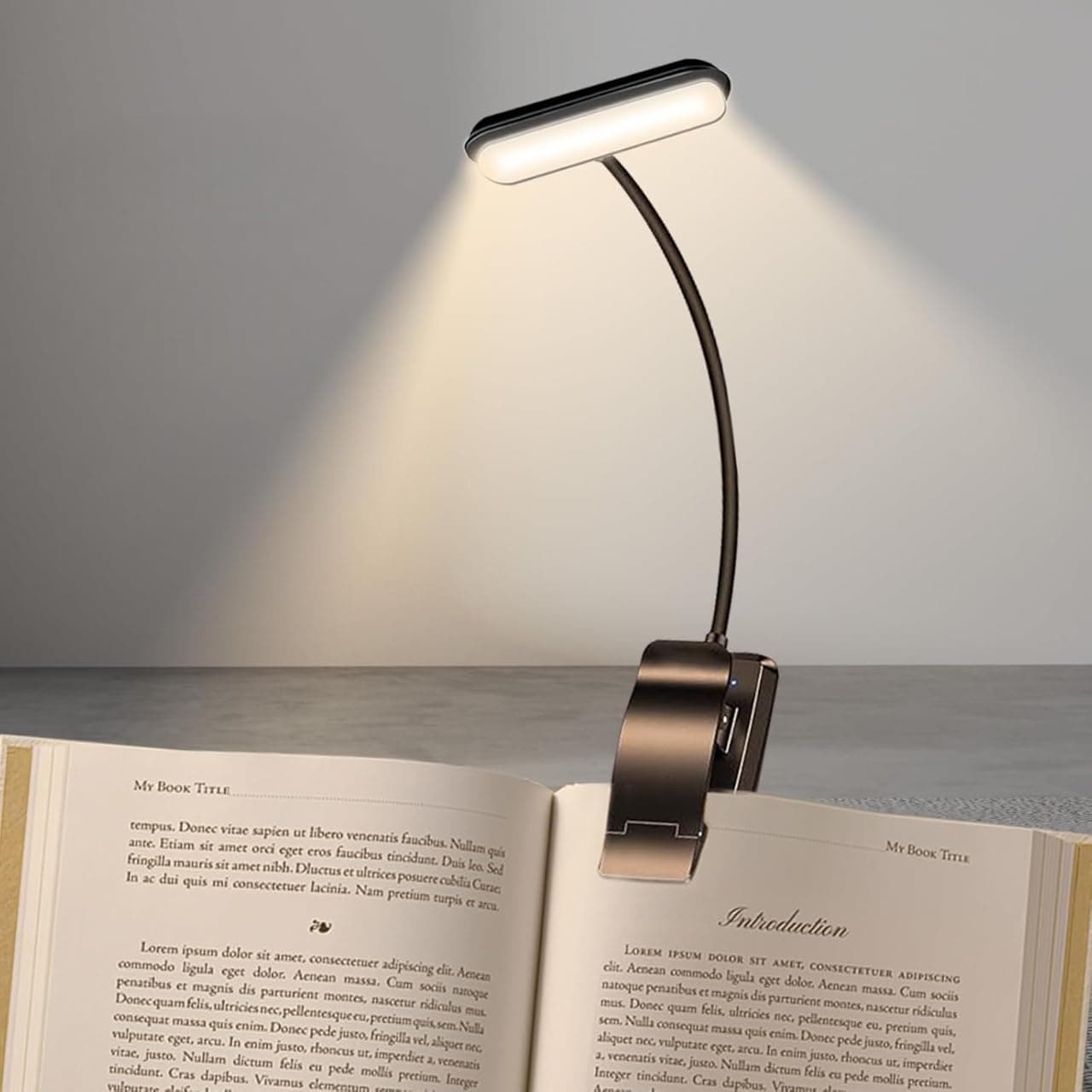 YverLand Luz lectura de libro con pinza de 5 leds, cuello flexible ajustable 360º, batería larga duración recargable USB, Lámpara portátil noche cama escritorio infantil estudiar (Bateria Recargable)