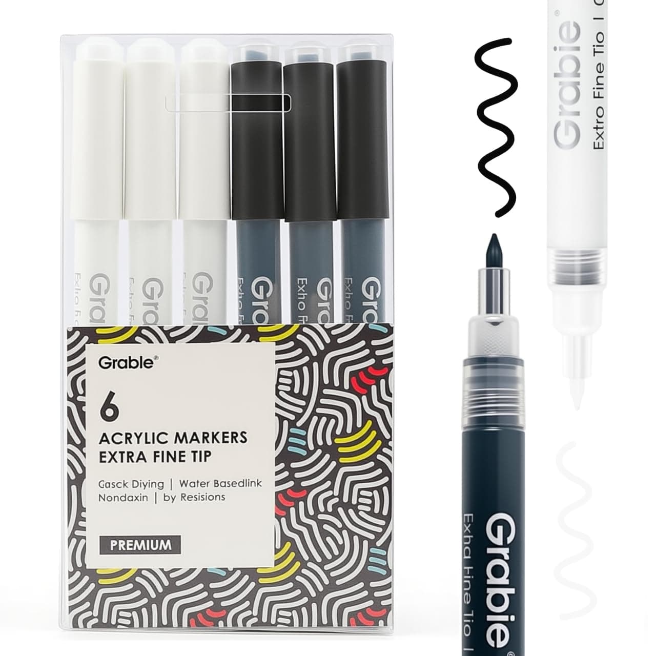 Grabie Black & White Extra Fine Tip Acrylic Paint Marker Set, lot de 6 stylos à peinture acrylique de 0,7 mm pour les reflets et les détails fins sur les dessins, marqueurs blancs pour les reflets