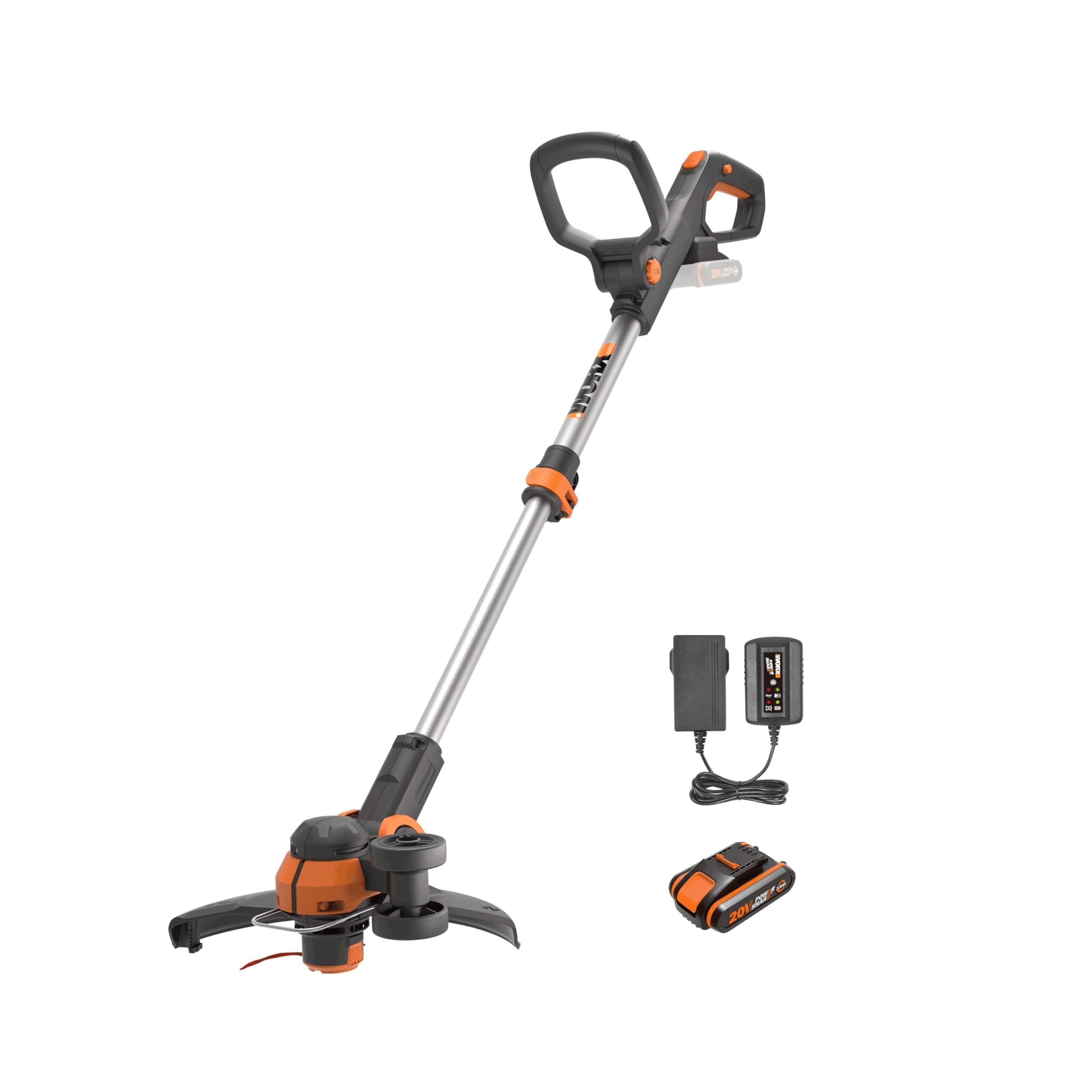 WORX Coupe-Bordures 2 en 1 sans Fil 20V WG163E.1, diamètre de 30 cm, se transforme en dresse-bordures, poignée Amovible, capot de protection, tête amovible 90°, livré avec une batterie 2Ah et chargeur