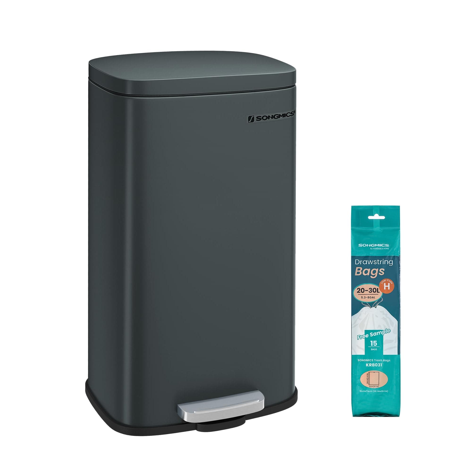 SONGMICS Poubelle Cuisine 30L, Poubelle À PÉdale, avec Couvercle À Fermeture en Douceur, Seau IntÉrieur, en Acier, Gris VerdÂtre LTB03GS