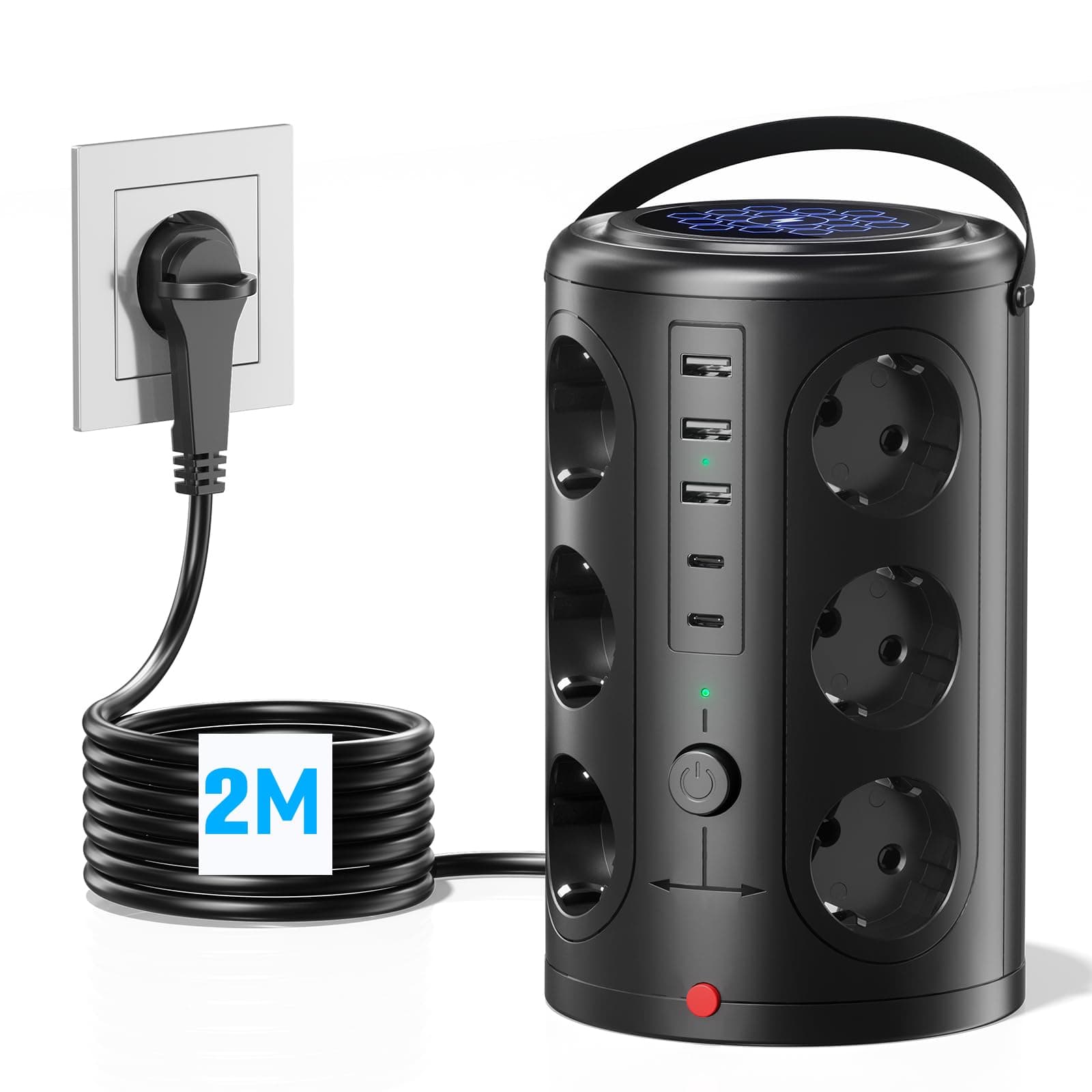 Pluackg Tour Multiprise avec Interrupteur, Multiprise Parafoudre et Surtension 5 Ports USB et 12 Prises pour Maison, Bureau, Noir,2M Cordon