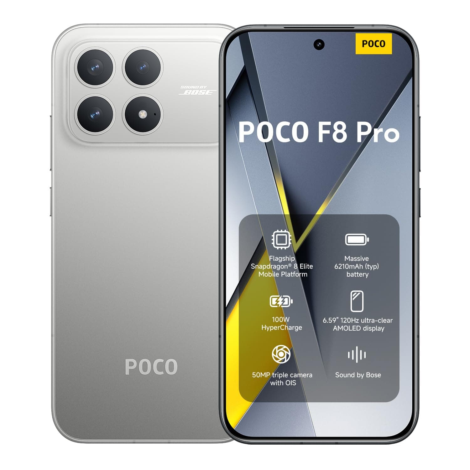 Xiaomi POCO F8 Pro, Smartphone 12+256 Go, écran AMOLED 6,59" 120 Hz, Triple caméra 50 MP avec téléobjectif 60 mm, Son signé Bose, Batterie 6210 mAh, Argent, Garantie 2 Ans, Chargeur Non Inclus.