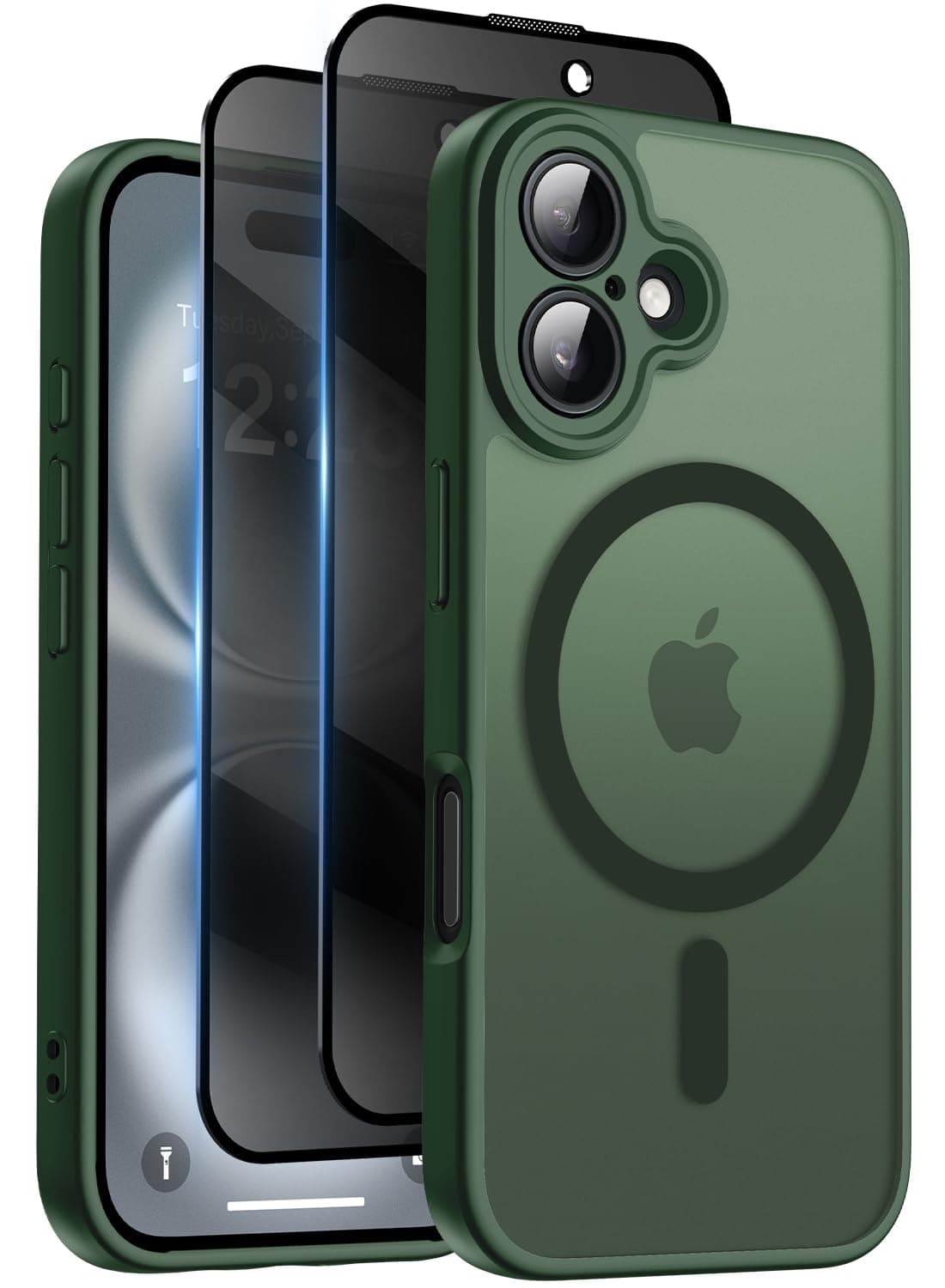 Qasyfanc Coque Magnétique pour iPhone 16 avec 2 Verre Trempé Anti-Espion, Compatible avec MagSafe, Étui Mat Translucide Arrière Housse Antichoc Anti-Rayures pour iPhone 16, Vert Foncé