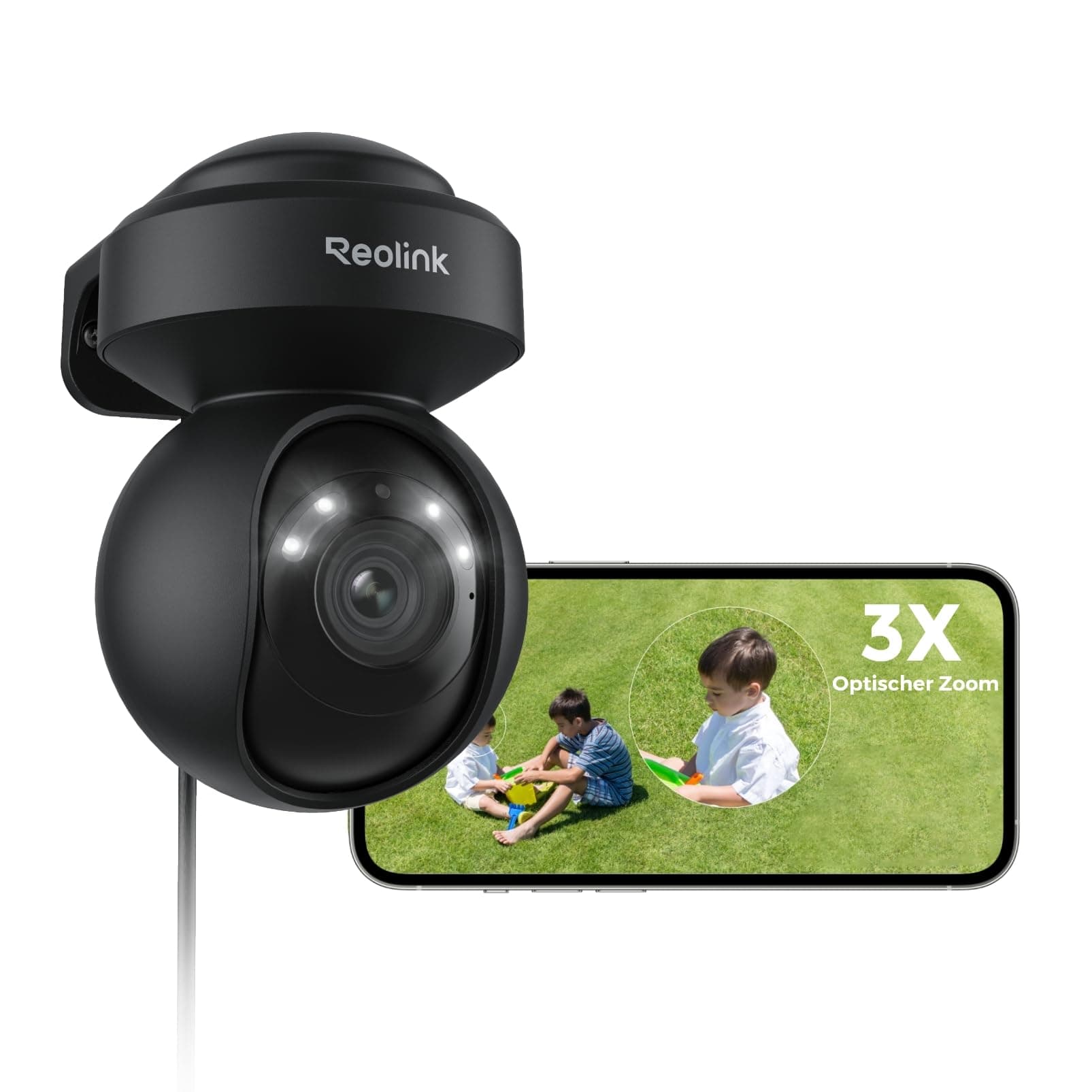 Reolink 4K PTZ Überwachungskamera Aussen WLAN, 3X Optischer Zoom, Auto-Tracking, 2,4/5GHz Wi-Fi 6, Person/Auto/Tiererkennung, Spotlights, 2-Wege-Audio, E1 Outdoor Pro (Schwarz)