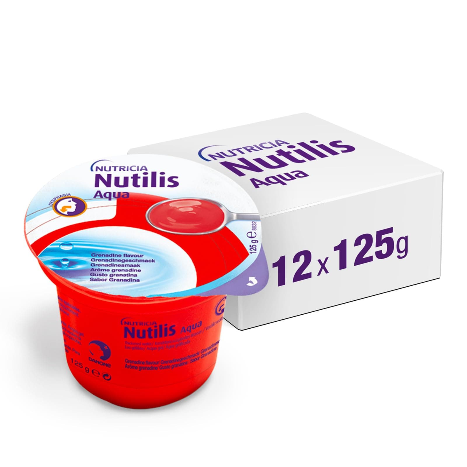 NUTILIS AQUA GEL - Acqua Gelificata per la Gestione Dietetica della Disfagia, Senza Zucchero, Glutine e Lattosio, Alimento a Fini Medici Speciali, Gusto Granatina - 12 x 125g