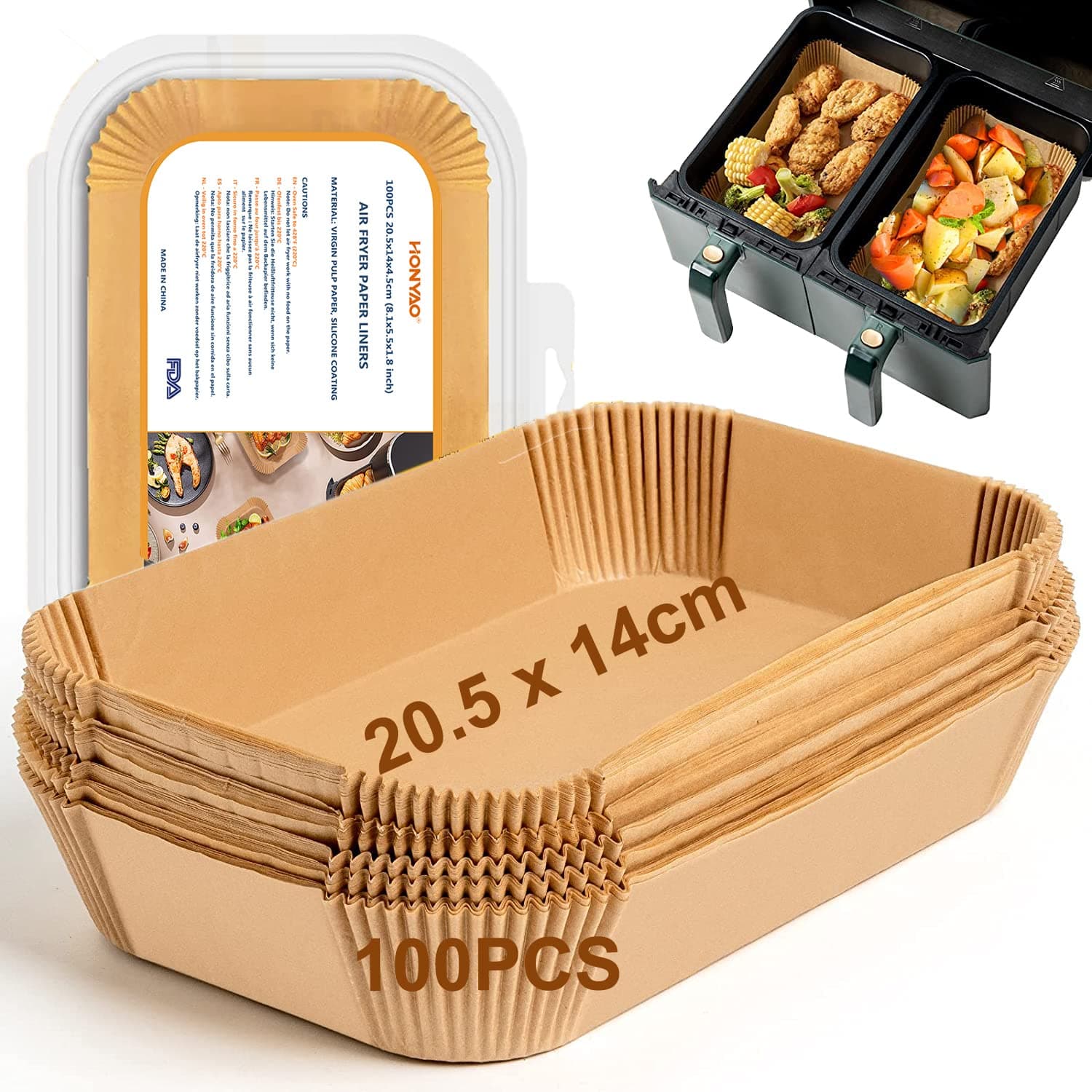 HONYAO Fogli Carta Forno Rettangolare per Friggitrice ad Aria Doppio Cestello, 100 Pezzi 20,5x14cm Teglia Air Fryer Accessori Compatibile con Ninja Dual Zone Double Stack e Altri Doppio Zona Airfryer