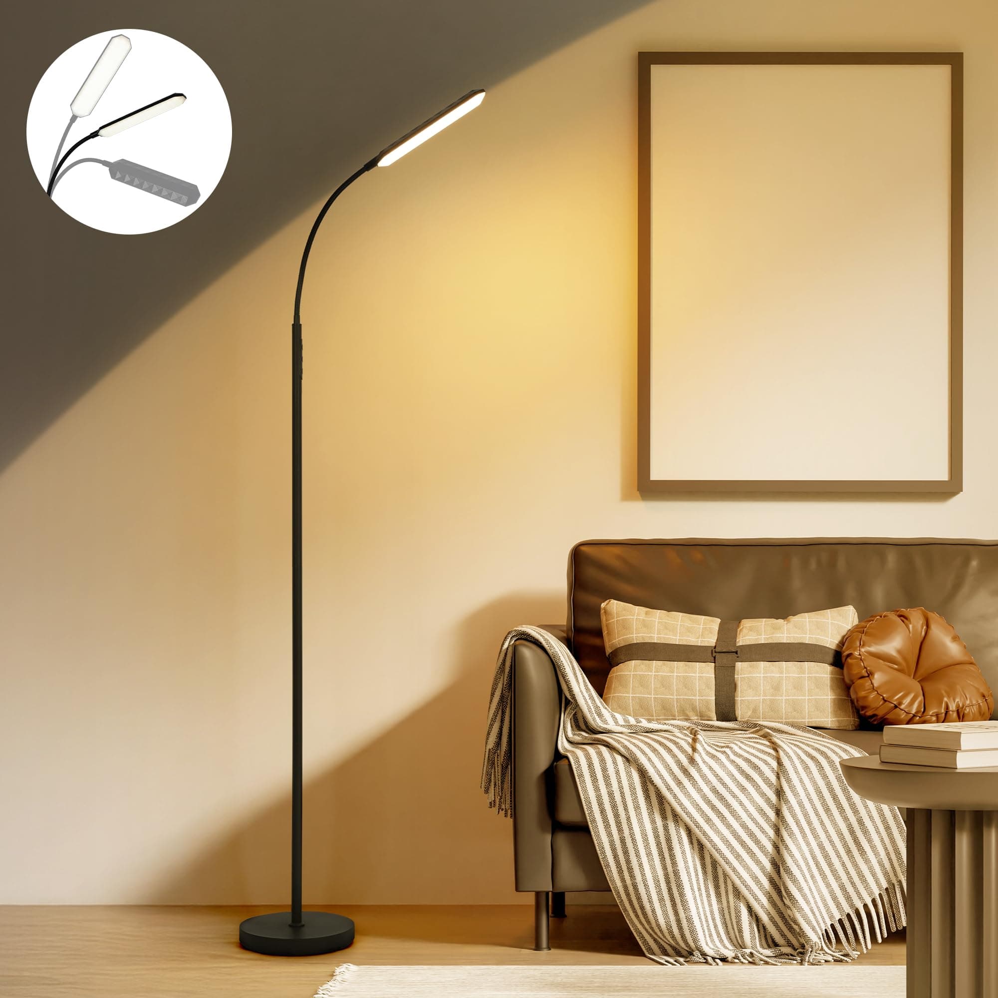Lampada da Lettura da Terra LED 18W Super Luminosa, Lampada da Terra Moderna Nera con Collo d’Oca 350° Regolabile, Dimmerabile 2700-6500K, Touch e Telecomando, Timer e Memoria, per Salotto e Soggiorno