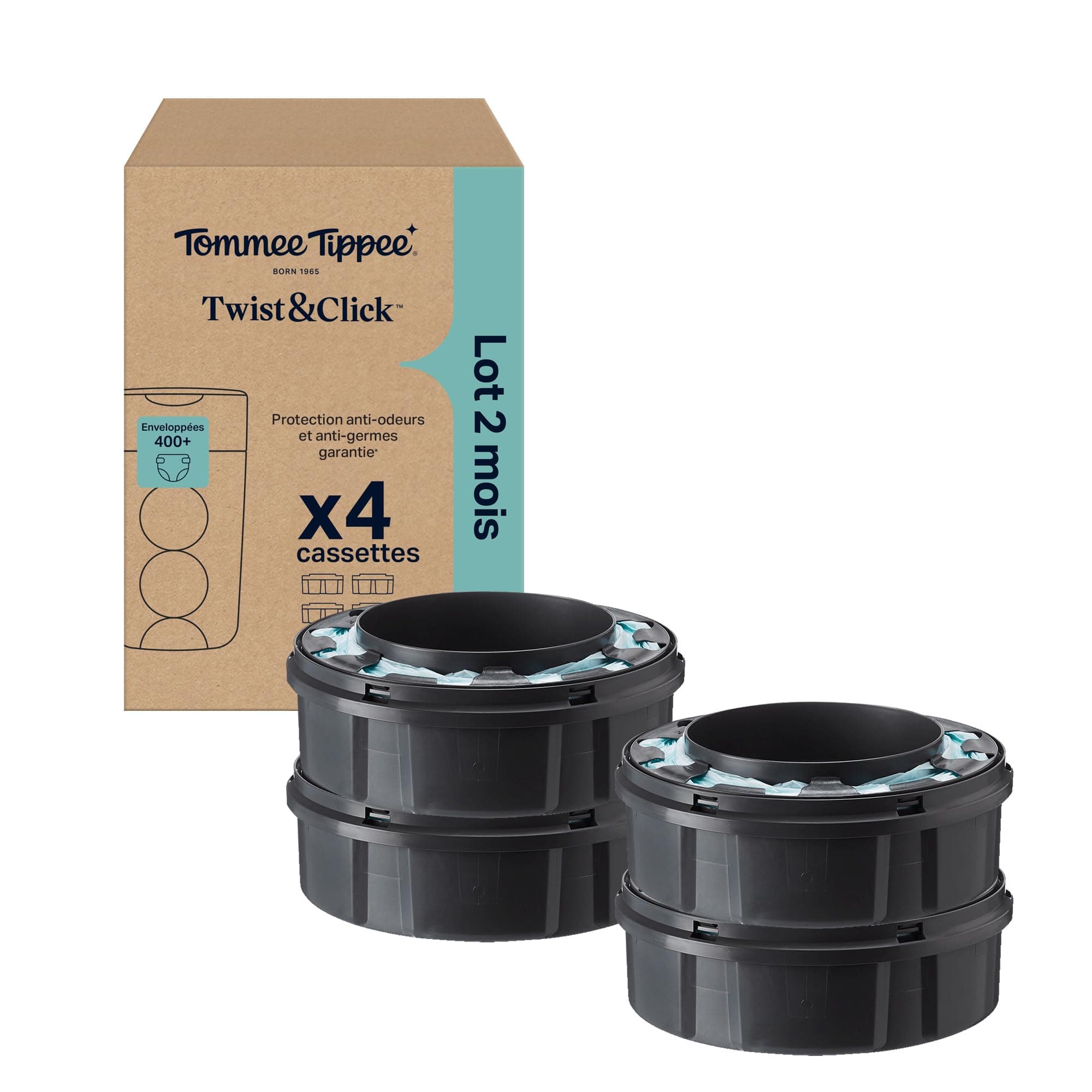 Tommee Tippee Cassettes de recharge originales Poubelle à couches Twist and Click Advanced, Lot exclusif de 4, 10,5 m, Recharge facile et grandes économies, 4 X 10,5 m