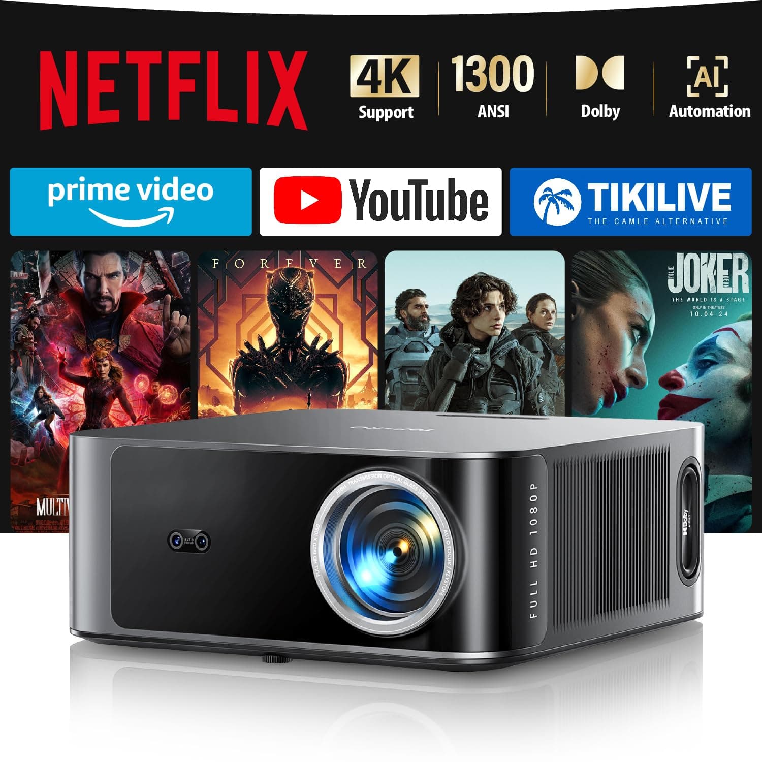 Proiettore 4k【Compatible with Netflix/1300 ANSI/36W Dolby Audio】Wifi 6 e Bluetooth Bidirezionale Proiettore,AI Autofocus/Evita Ostacoli Proiettere TV, Videoproiettore TOPTRO X9 per PS5/Home Theater