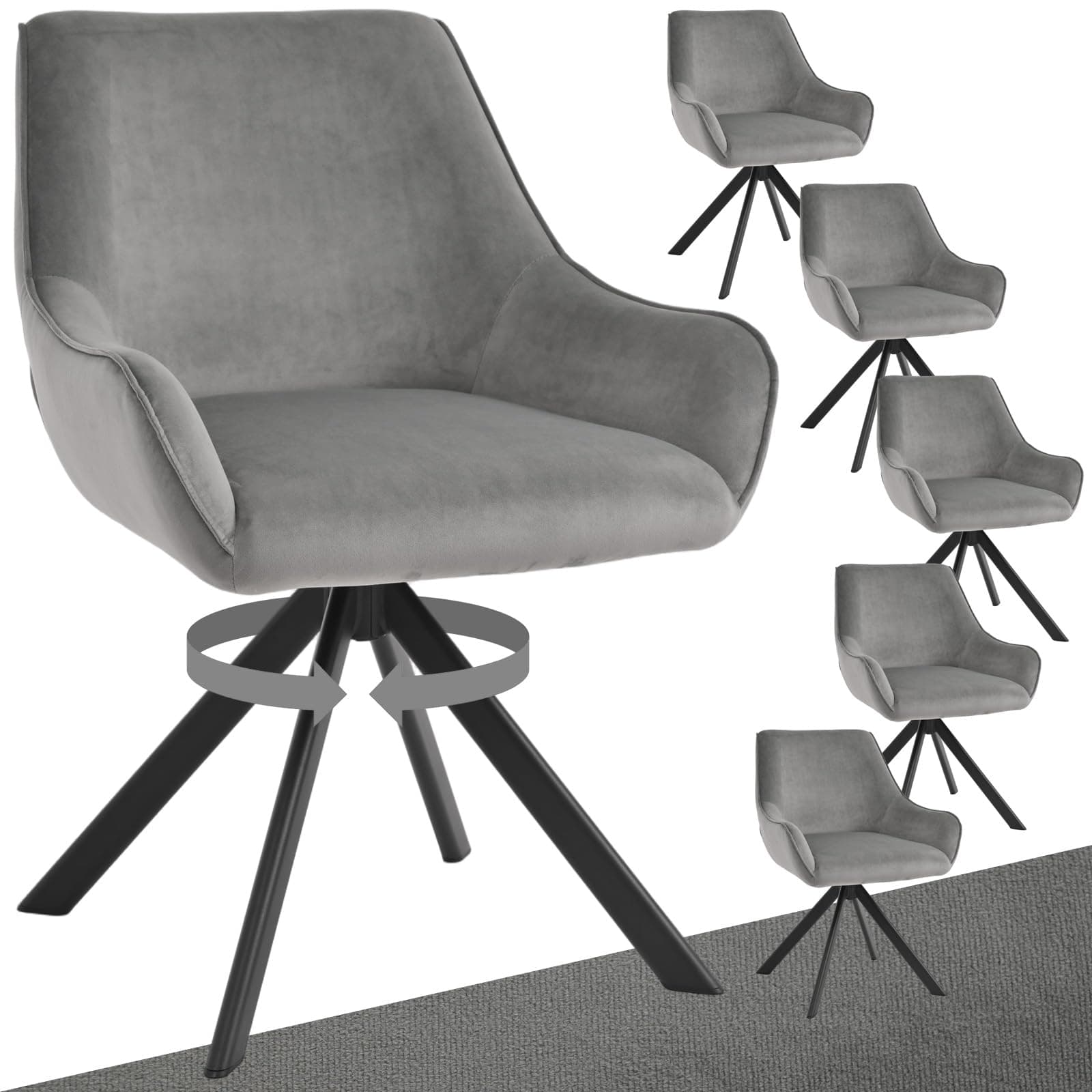 Goeurvant Chaises Pivotantes Salle à Manger Lot de 6 – Chaises Velours avec Accoudoirs, 360° Pivotantes, Pieds Métal, Dossier Confort, pour Salon, Bureau, Gris Clair