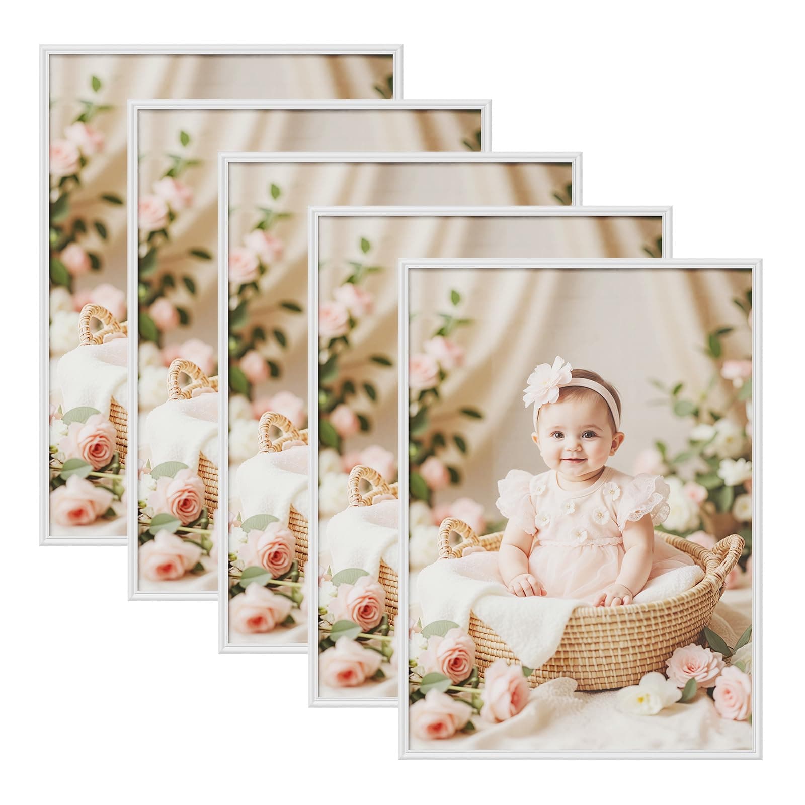 WOLTU Bilderrahmen 50x70 cm Weiß, 5er Set Fotorahmen aus Massivholz und PS-Platte, Holzrahmen mit Passepartout für Fotos 40x50, zum vertikalen oder horizontalen Aufhängen/Aufstellen, Rahmen