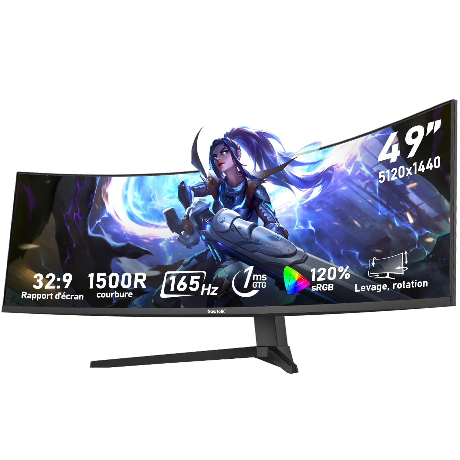 Gawfolk 49 Pouces Écran PC d'ordinateur de Jeu 1500R Ultra-Large incurvé, DQHD (5120×1440), 165Hz, 1MS, FreeSync, 120% sRGB, Moniteur réglable en Hauteur, HDMI2.1、DP1.4, VESA 75 * 75mm-Noir