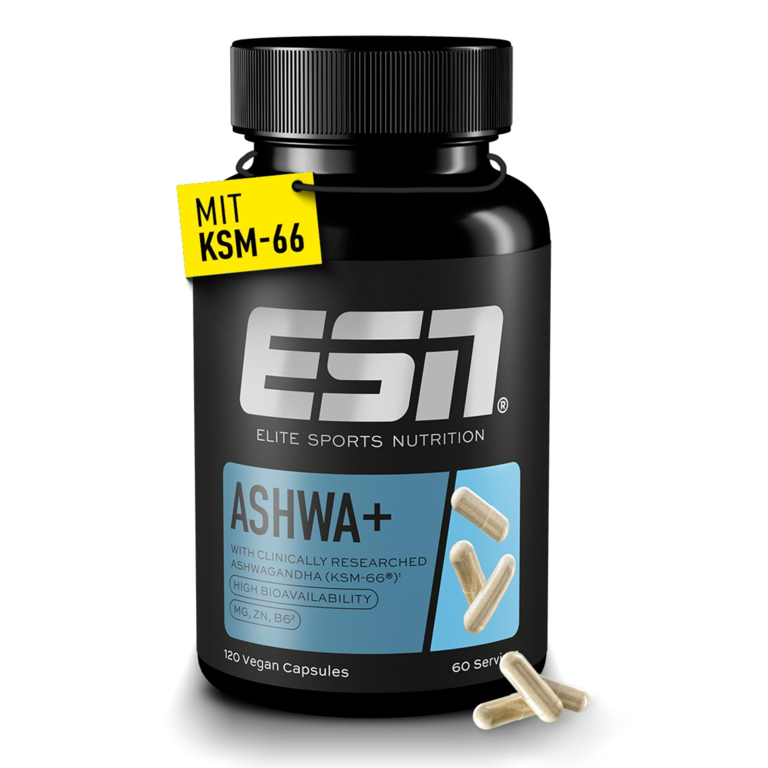 ESN Ashwa +, Ashwagandha hochdosiert, patentiertes KSM 66®, 120 Kapseln, mit Magnesium, Vitamin B6 & Zink - made in Germany