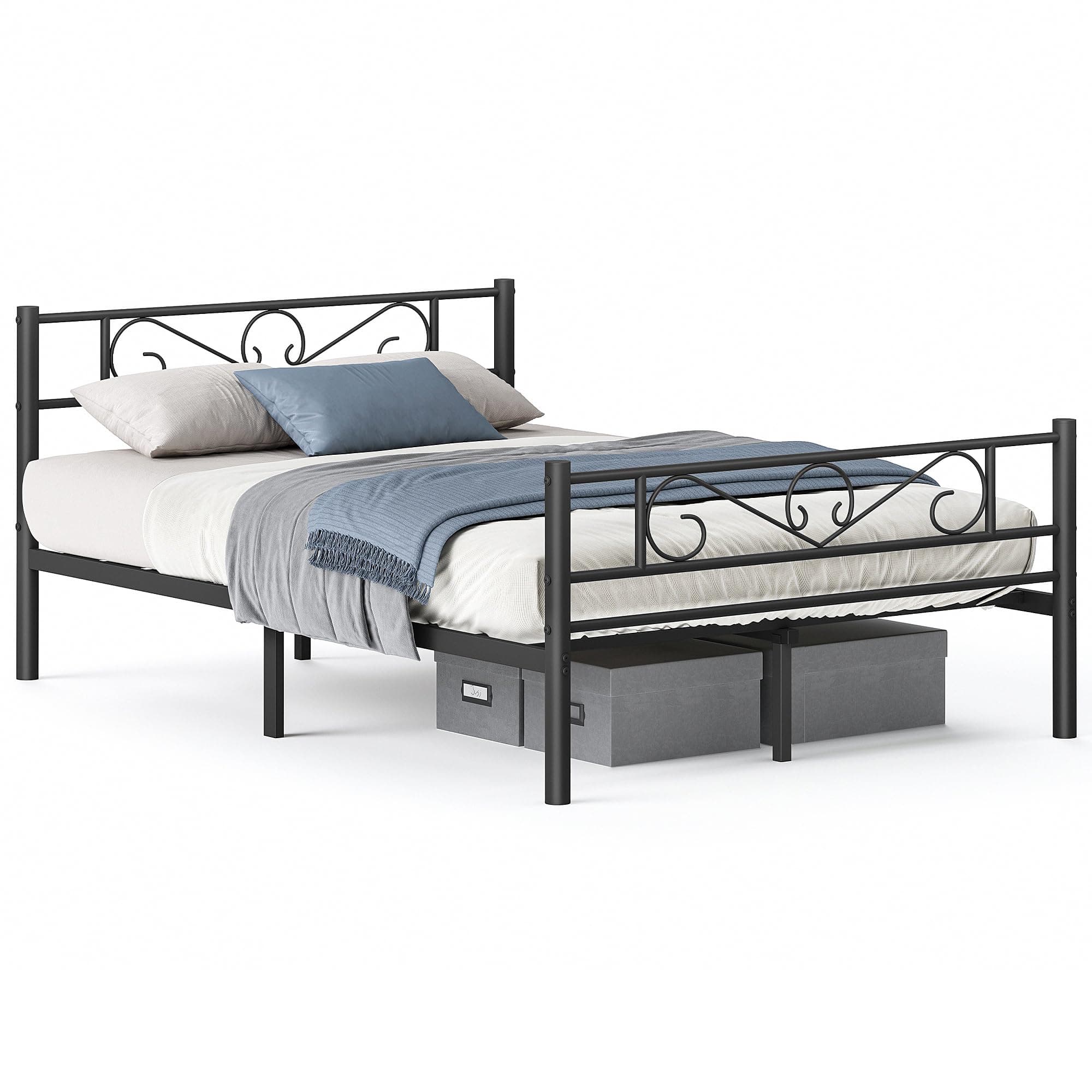 VASAGLE Marco de Cama Matrimonio, Estructura de Cama de Metal, para Colchón de 135 x 190 cm, Montaje Sencillo, para Habitaciones Pequeñas, Negro Tinta RMB066B01