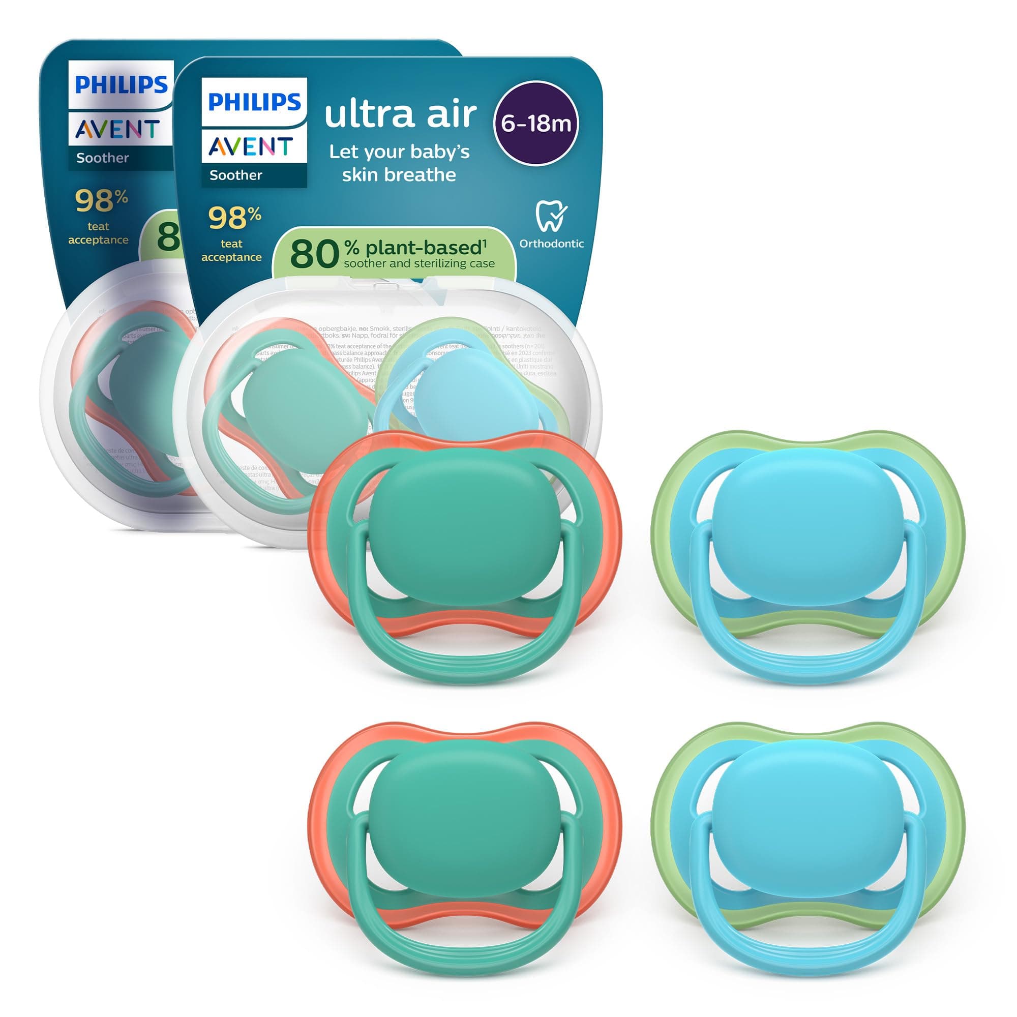 Philips Avent Ultra Start Ciuccio - Design ortodontico, per neonati 6-18 mesi, tettarella simmetrica in morbido silicone, senza BPA, 2 custodie per la sterilizzazione, confezione da 4, SCF087/24