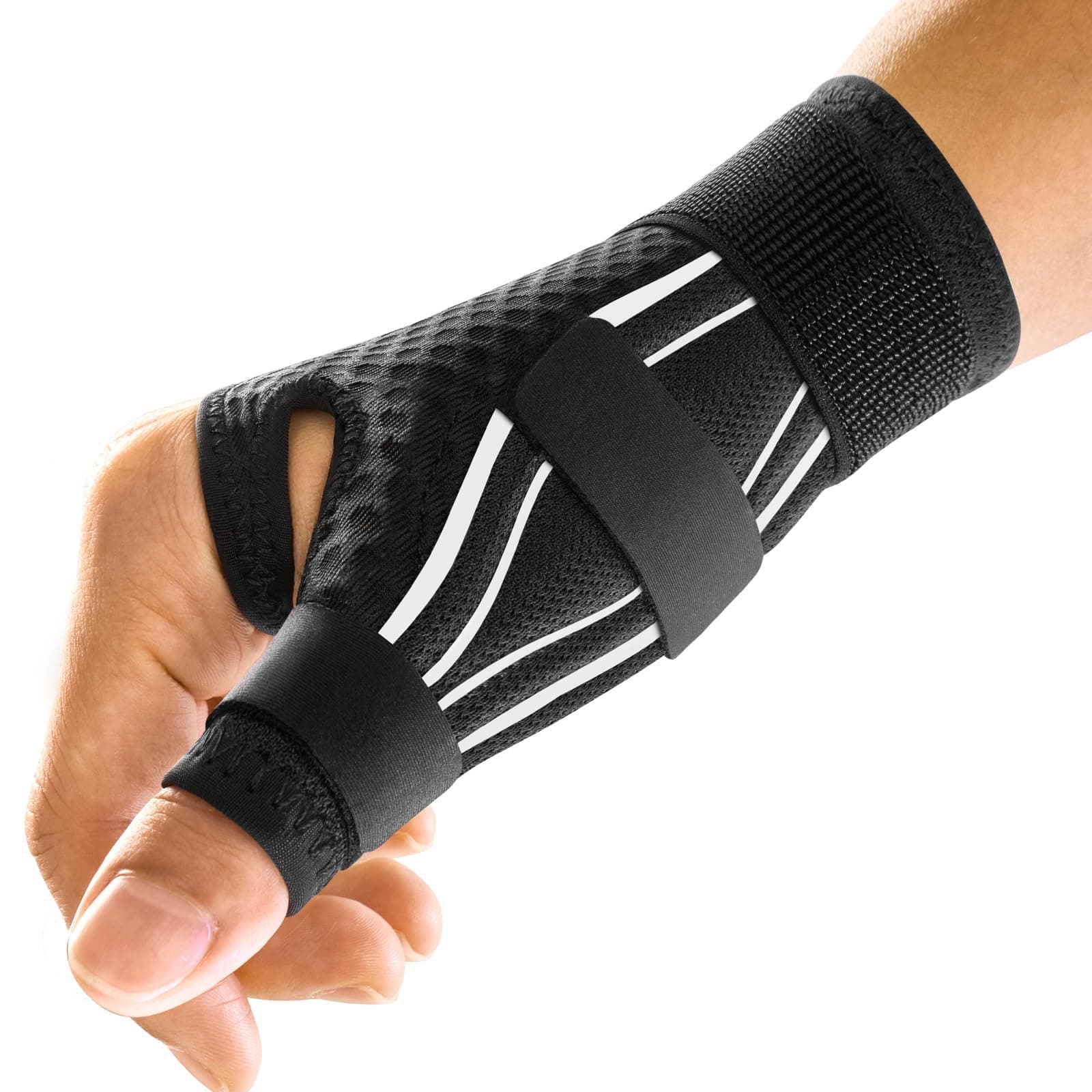 FREETOO Ergonomique Attelle de Pouce Droit ou Gauche pour Tendinite, Arthrose, Rhizarthrose, Ténosynovite de De Quervain, Orthèse de Pouce pour Fracture, Luxation pour Homme & Femme (Blanc/Noir S/M)