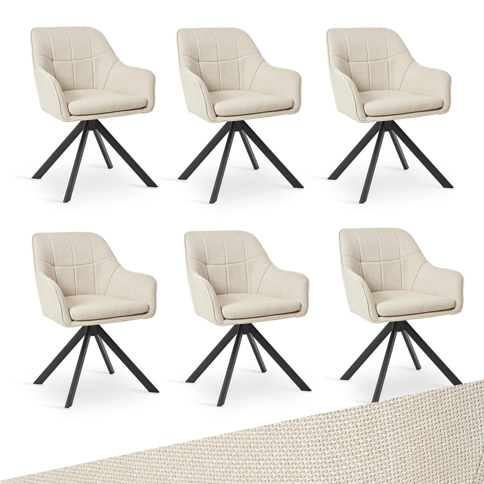 Goeurvant Lot de 6 Chaises Pivotantes 360° en Lin Beige avec Accoudoirs, Chaises de Salle à Manger, Cuisine, Fauteuils avec Pieds en Métal, pour Bureau ou Salon