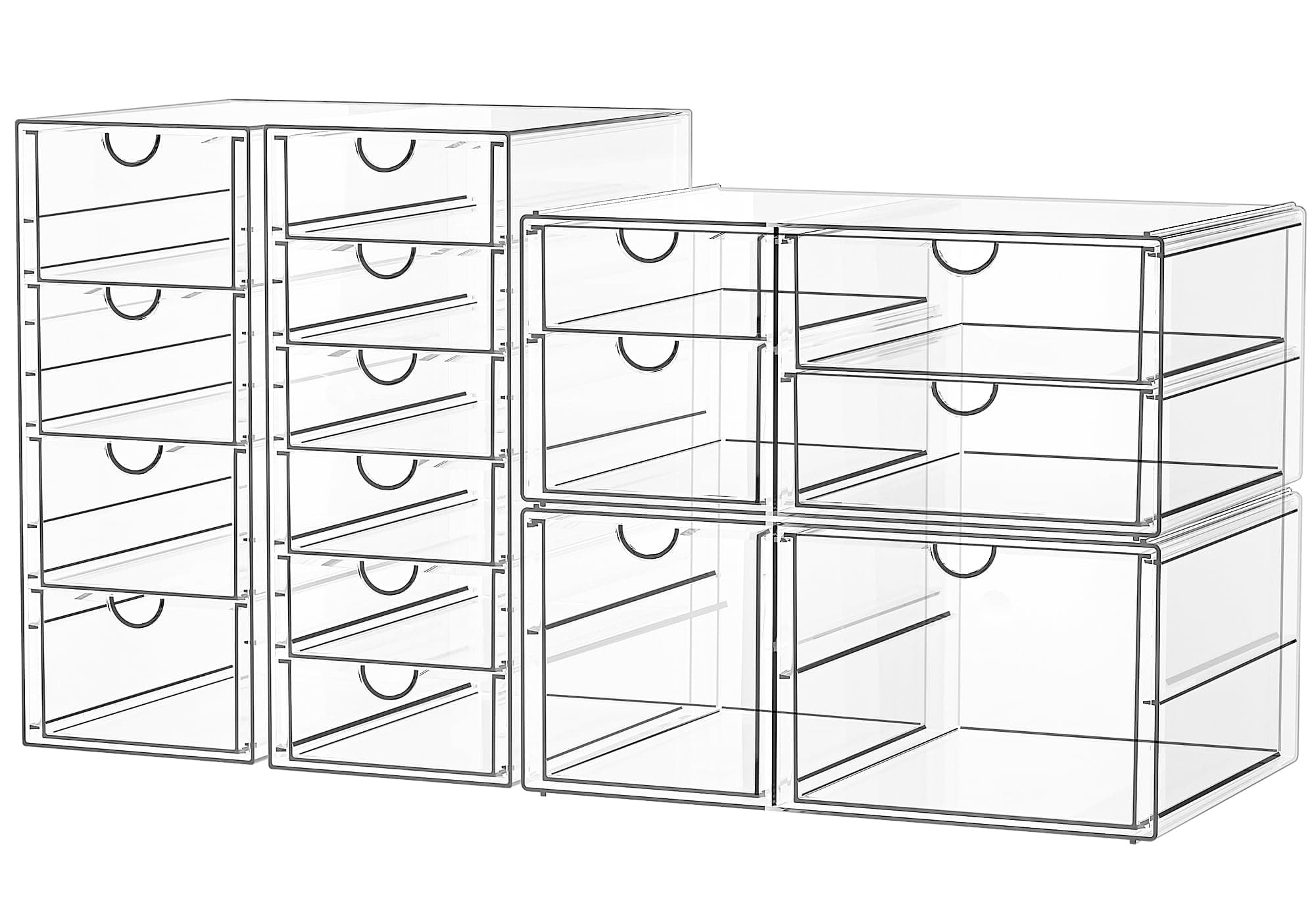 SortNStore Organiseur de Bureau à 16 tiroirs: Lot de 4 avec Patins Antidérapants | Boîte Empilable pour Cosmétiques, fournitures de bureau, outils et blocs de construction