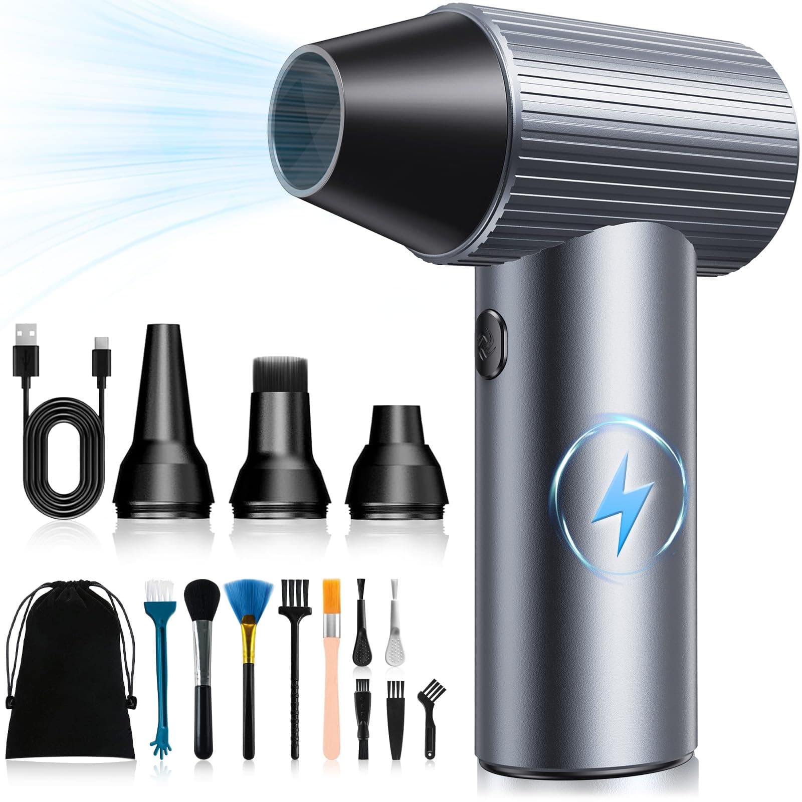 Solareye Souffleur Air Comprimé, 300000 TR/Min de Pulvérisation d’Air Comprimé avec Batterie 75000mAh, Soufflette Voiture, Bombe Air Sec pour Clavier, Électronique, Air Comprimé Nettoyage PC