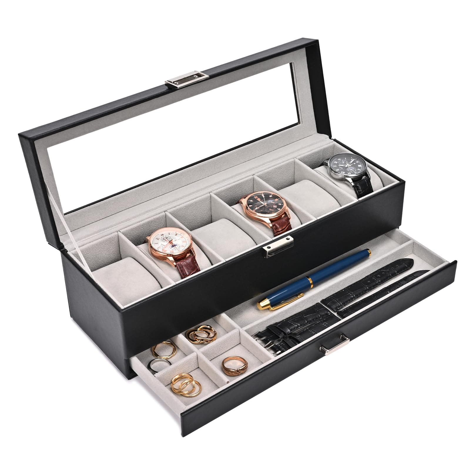 ProCase Caja de Relojes de 6 Ranuras con Cajón, Funda Organizadora de Reloj de 2 capas con Tapa de Cristal, Estuche de Almacenamiento para Hombres y Mujeres -Negro