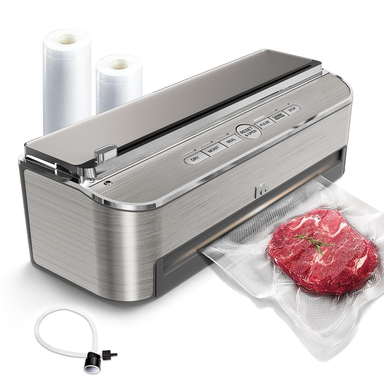 Mesliese 85 kPa 120 W Machine Sous Vide Alimentaire, Système D'étanchéité Puissant, Cutter Intégré, Rangement de Sacs, Mode Humide et Tuyau D'aspiration D'air, 2 Rouleaux de Sac (Acier inoxydable)