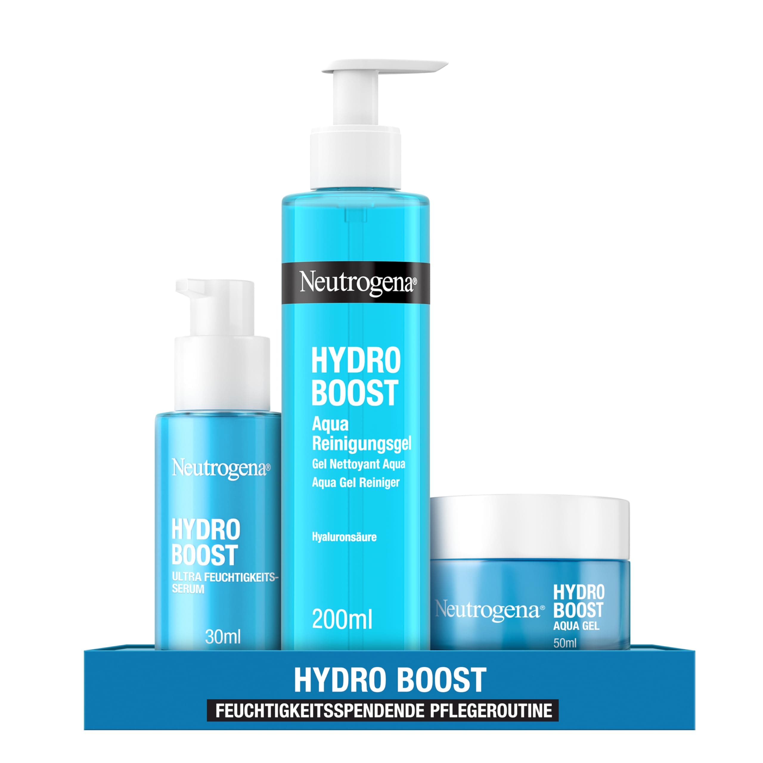 Neutrogena Hydro Boost Skincare Set mit Aqua Reinigungsgel, Aqua Perlen Gesichtsserum und Aqua Gel Gesichtscreme, Gesichtsreinigung- und pflege mit Hyaluronsäure, optimal als Geschenkset