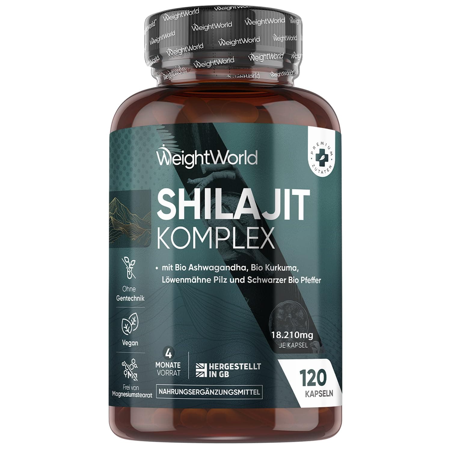 Himalaya Shilajit (Mumijo) Komplex 18.210 mg - 120 vegane Kapseln für 4 Monate - Mit Bio Ashwagandha, Bio Kurkuma, Lions Mane Pilz & Schwarzer Pfeffer - Shilajit Kapseln Extrakt (40:1) - WeightWorld