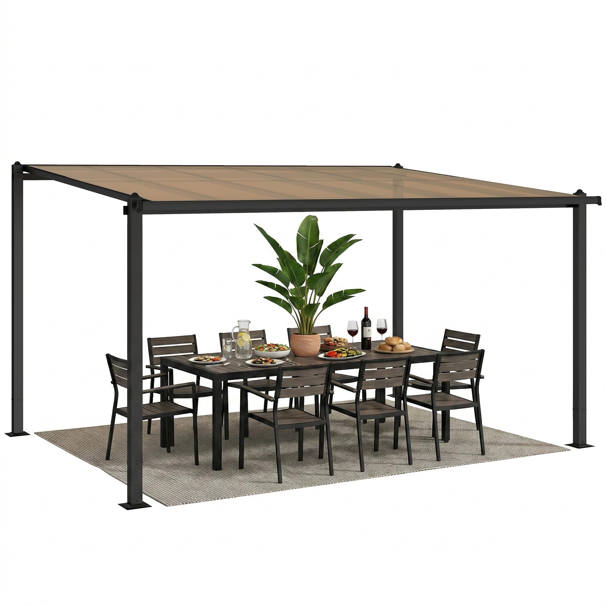 Outsunny Pergola adossée 3,8 x 3 m avec Toit étanche en Polycarbonate, Structure en Aluminium, auvent Rigide avec gouttières intégrées, ombrage extérieur Robuste, Gris foncé